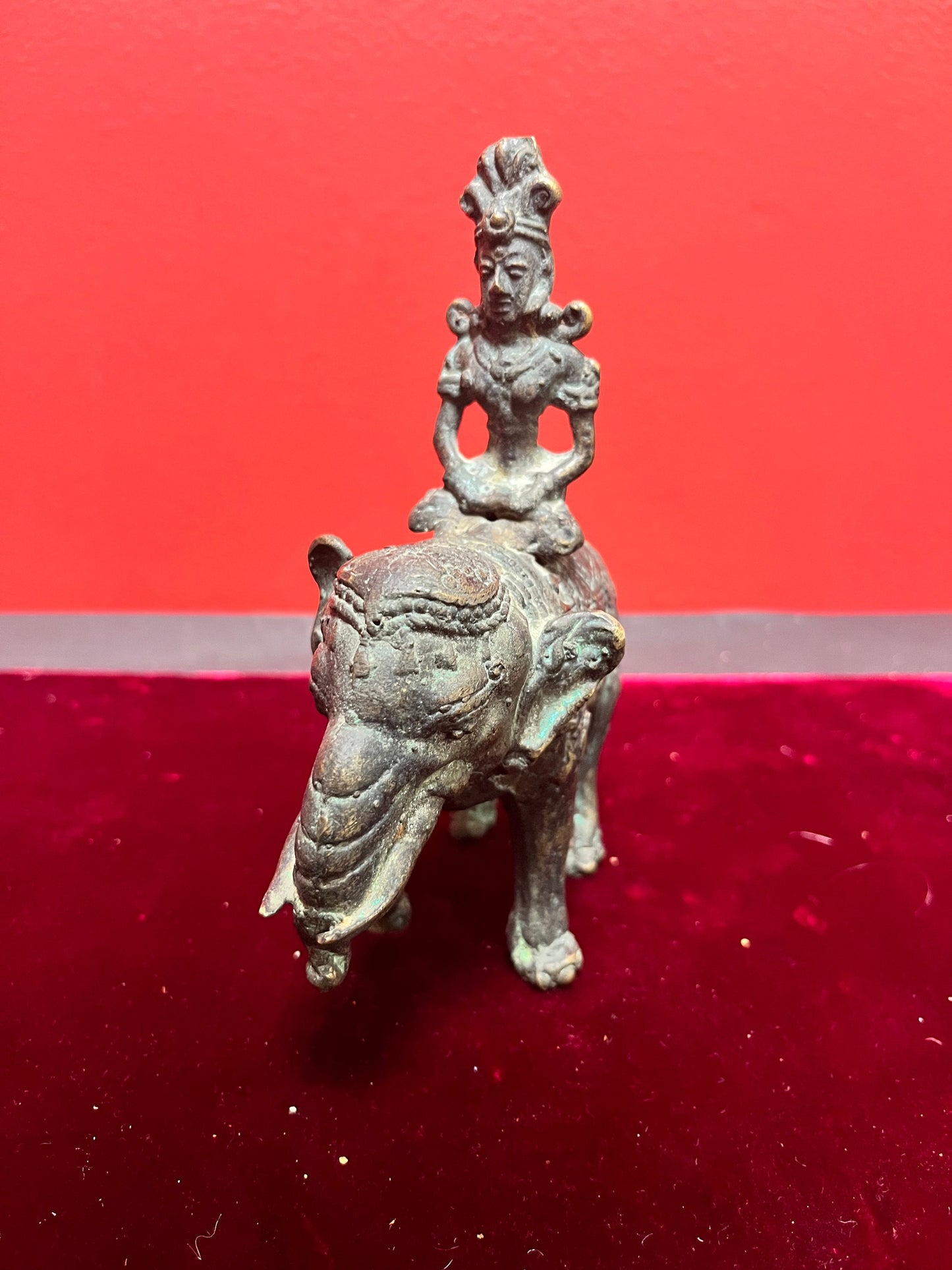 Lovely 5 x 6 high antique Indian bronze goddess on elephant Great Patina.