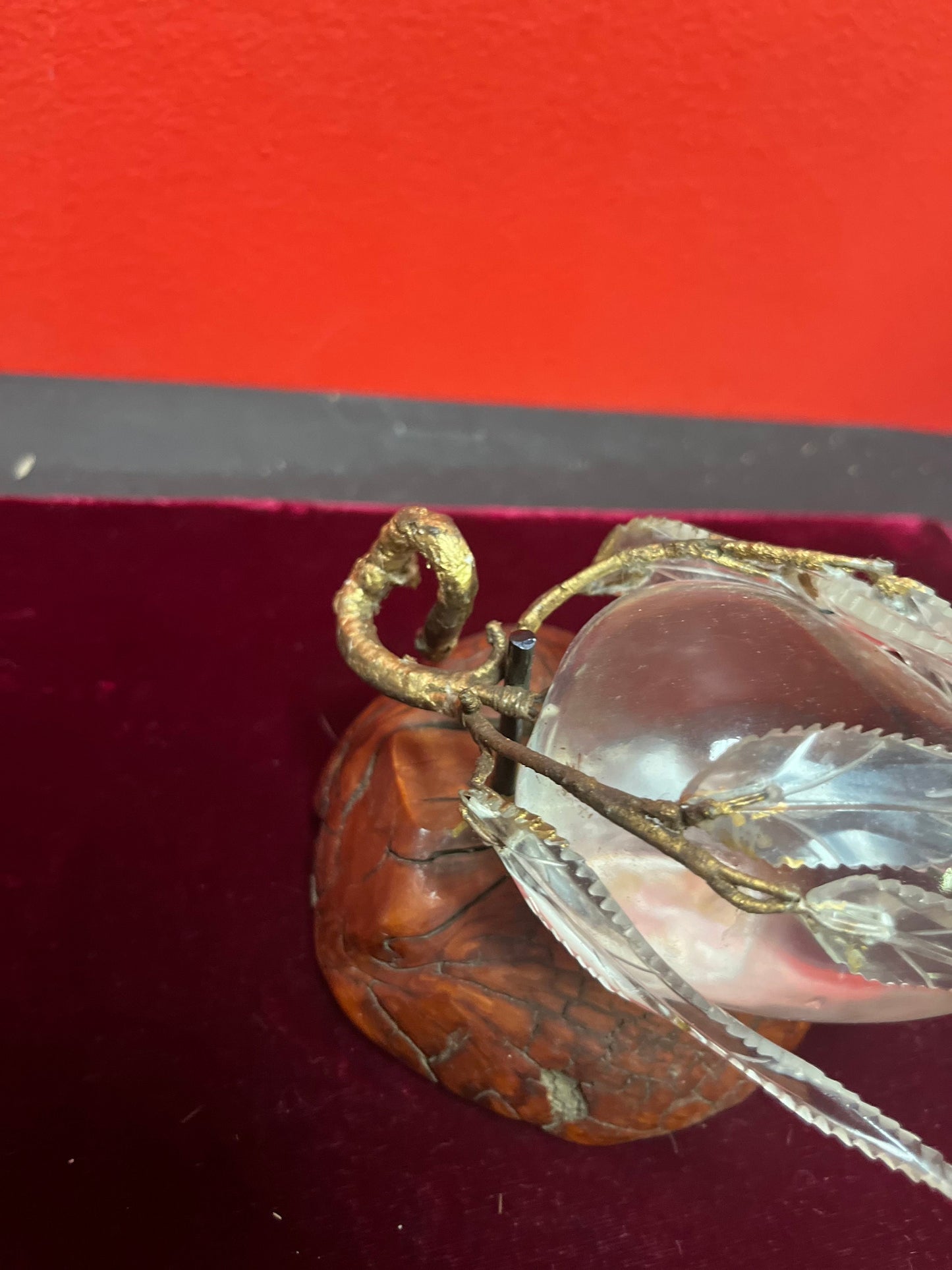 Magnificent 6 x 4 high antique Chinese rock crystal pear in gilded bronze frame on live edge wood base game changer