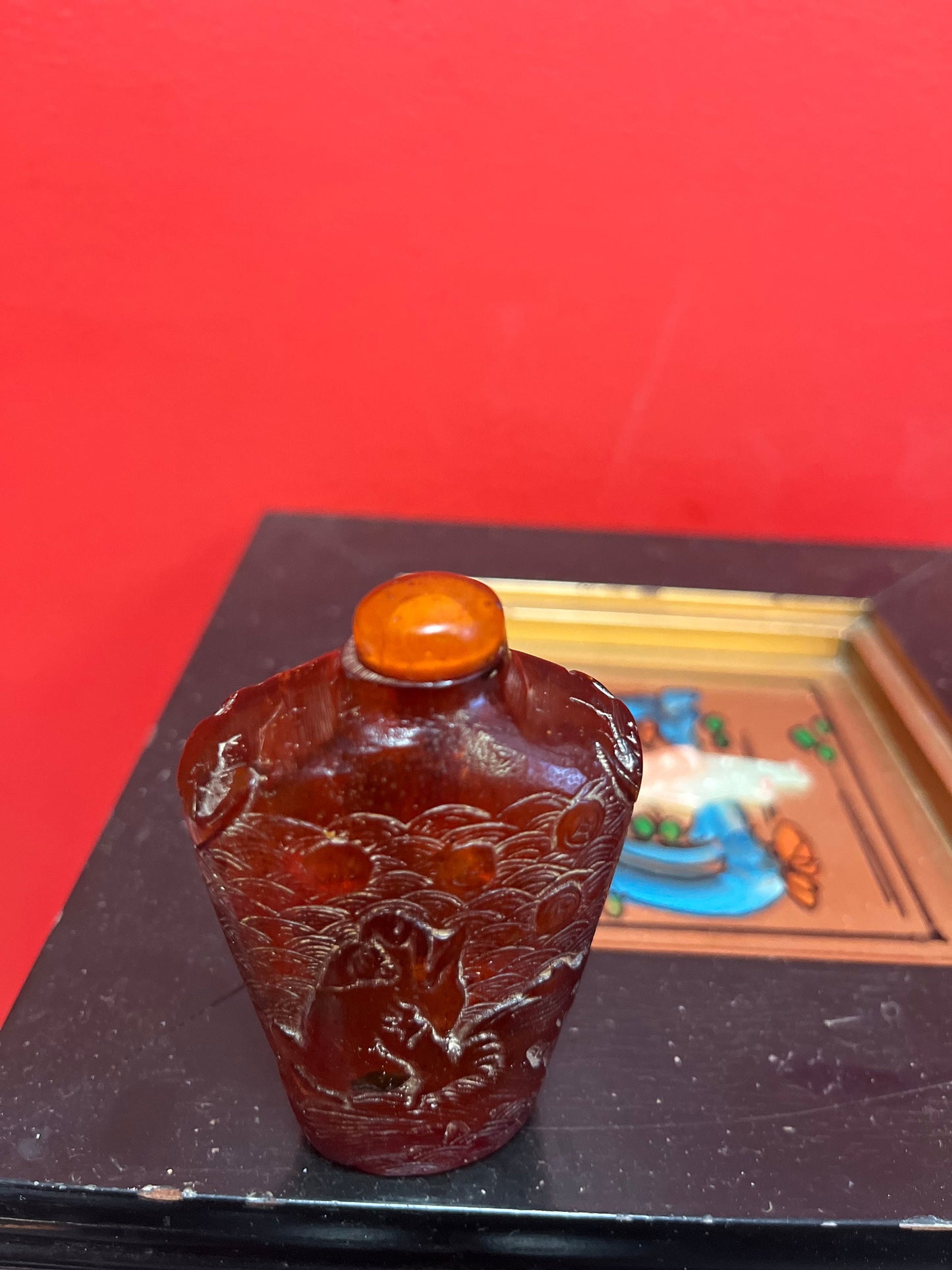 Rare antique Chinese museum quality carved amber snuff bottle with mystical beast decoration wonderful piece