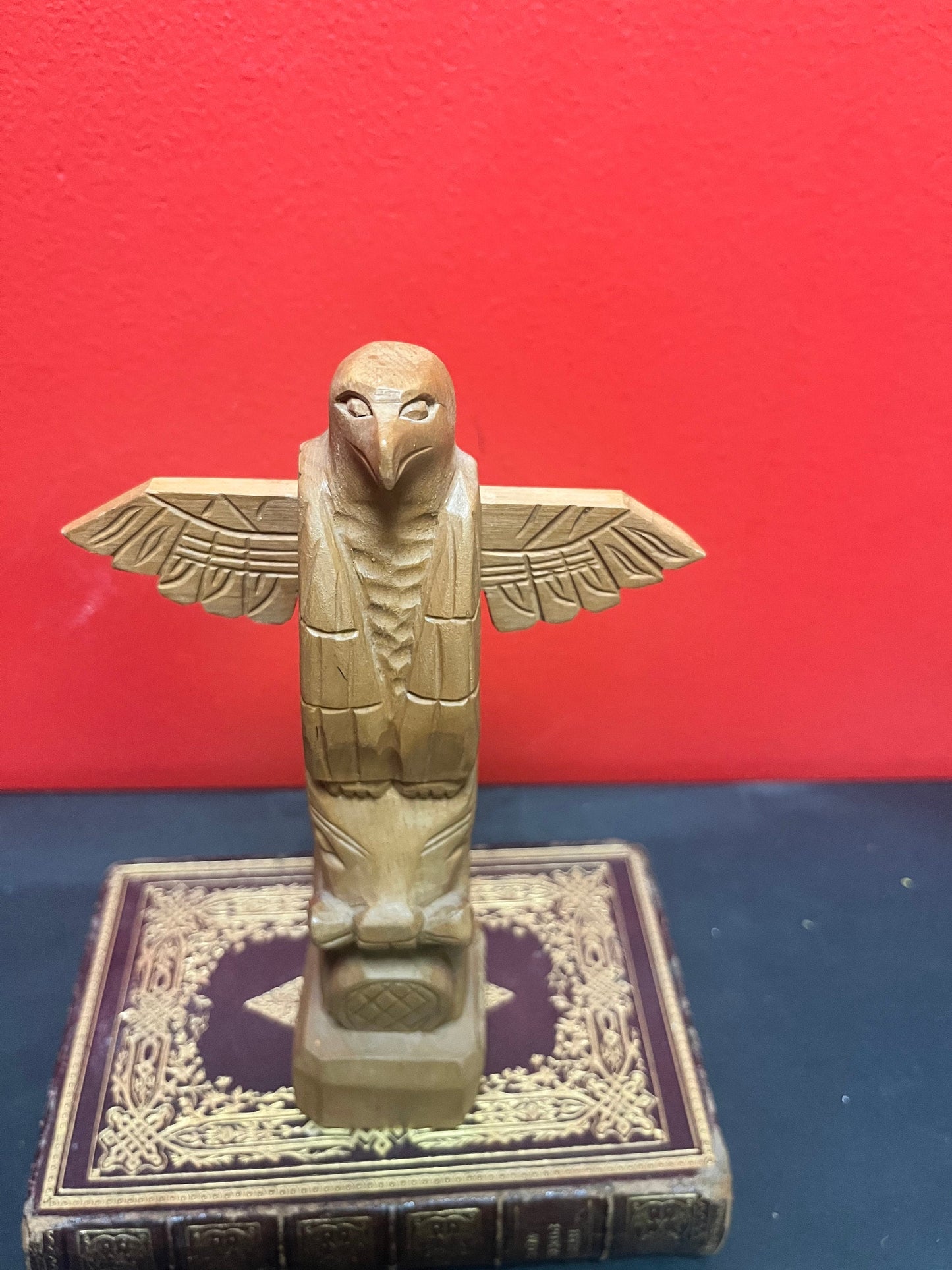 A Lovely older 8 inch indigenous first nations pacific northwest coast cedar eagle to bear transformation totem pole great detail