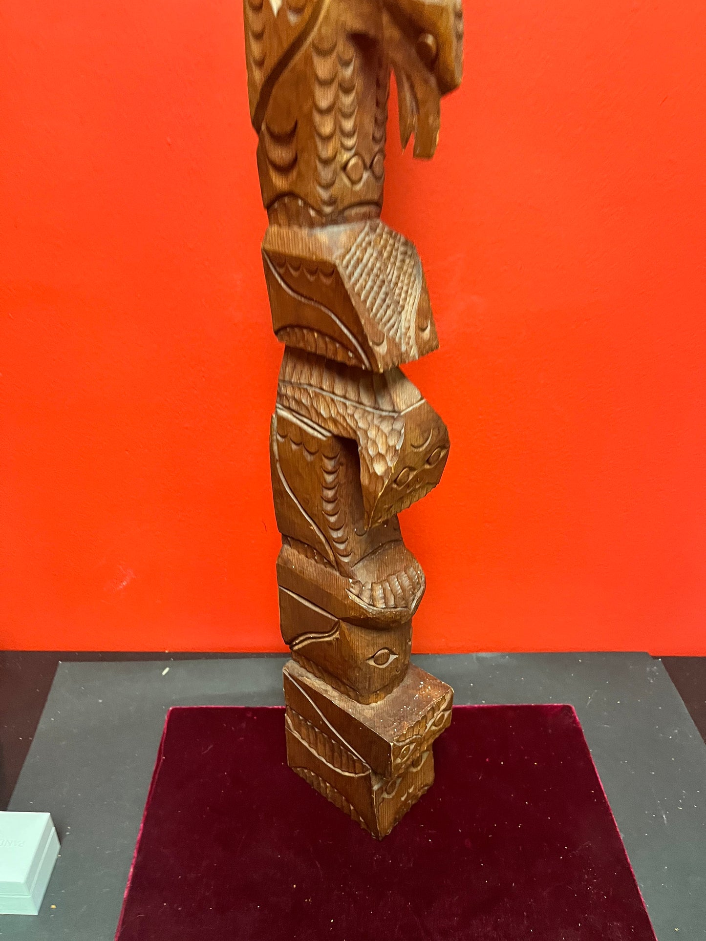 Lovely 28 inch tall indigenous first nations pacific north west coast signed cedar totem pole eagle transformation