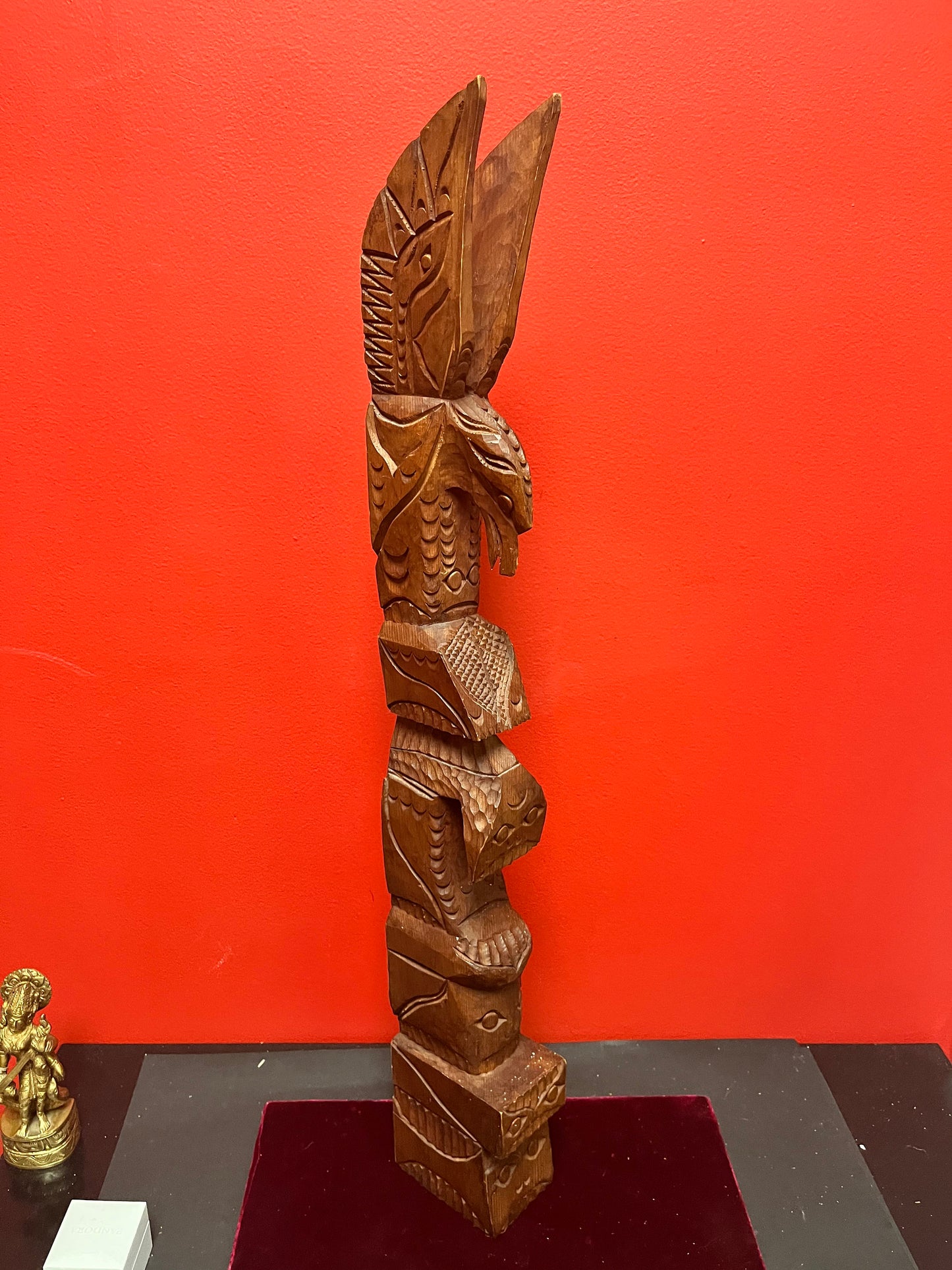 Lovely 28 inch tall indigenous first nations pacific north west coast signed cedar totem pole eagle transformation