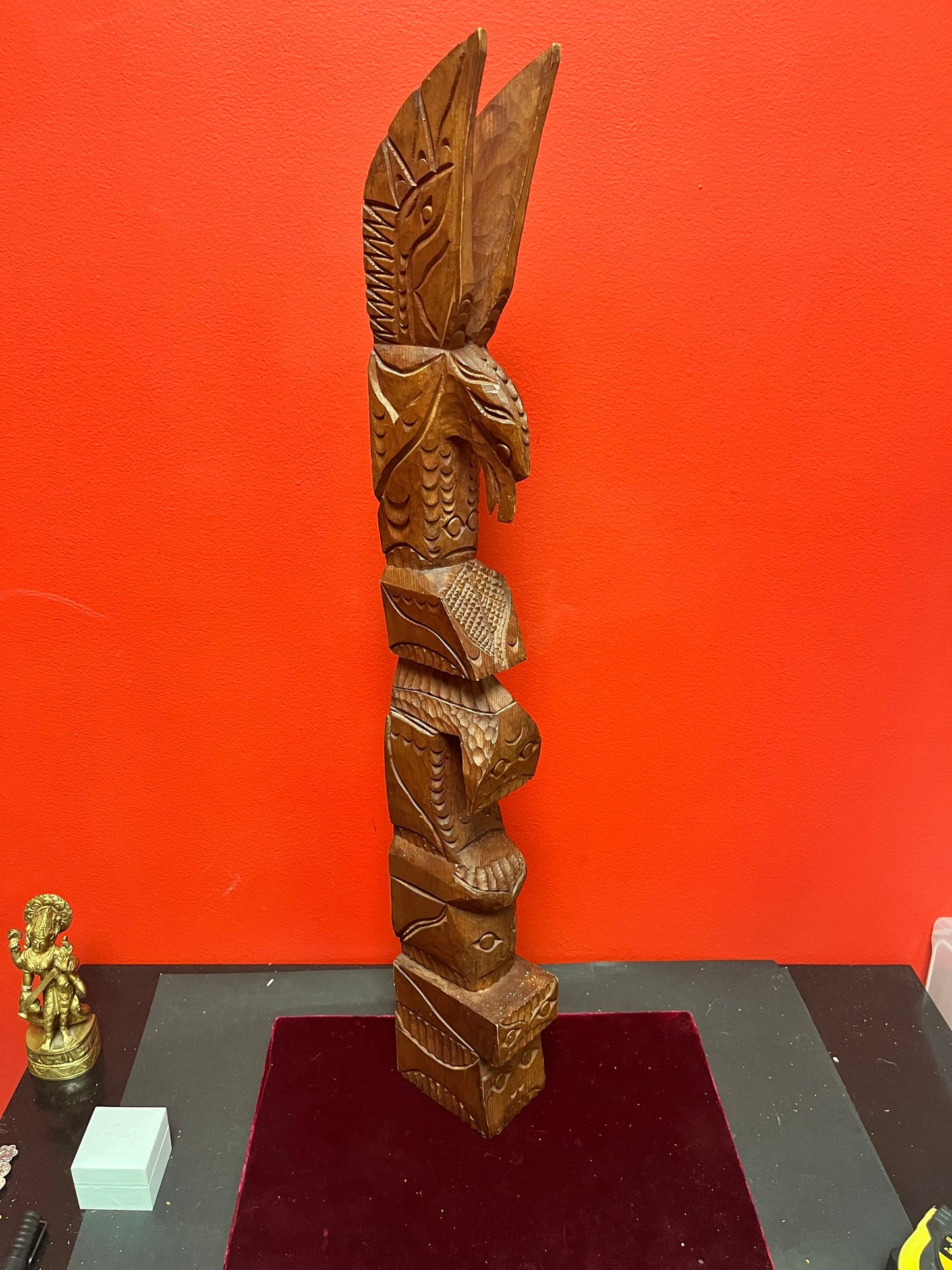 Lovely 28 inch tall indigenous first nations pacific north west coast signed cedar totem pole eagle transformation