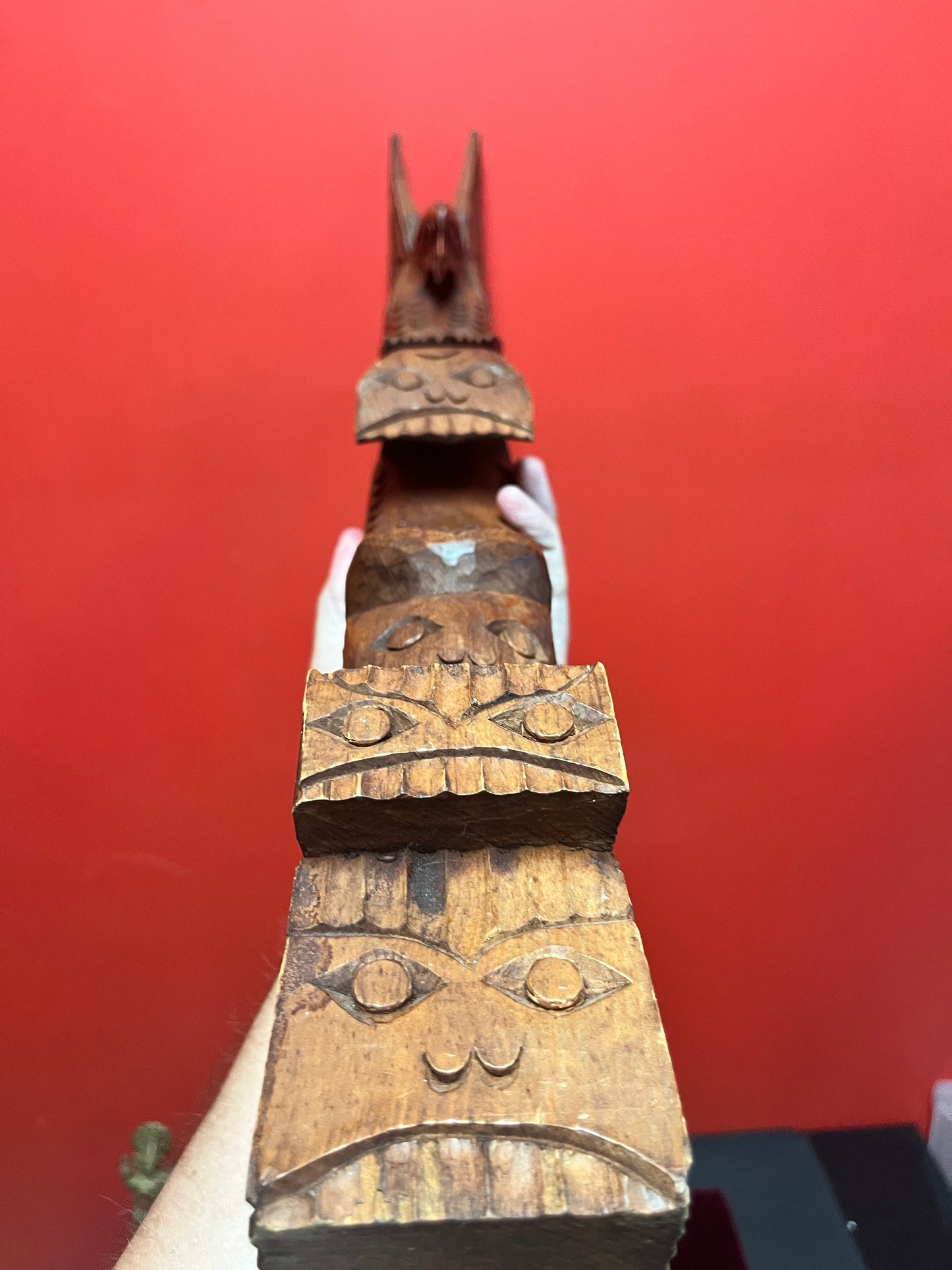 Lovely 28 inch tall indigenous first nations pacific north west coast signed cedar totem pole eagle transformation