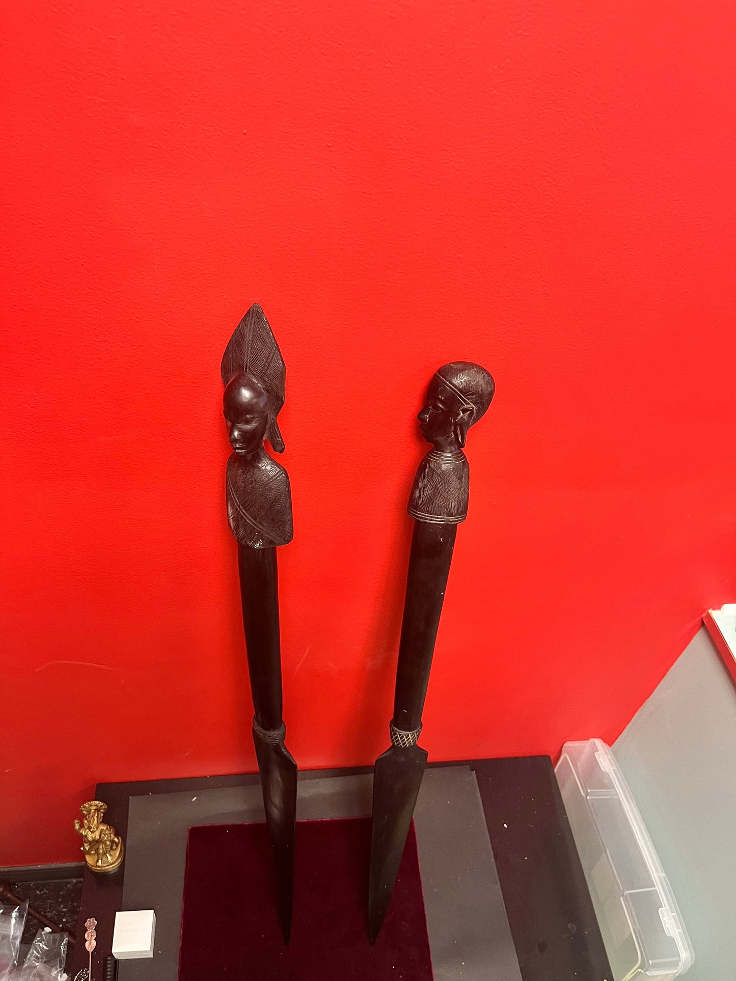 Pair Stunning 34 inch 1960s museum quality Ebony wooden power dance spears Tanzanian beauties