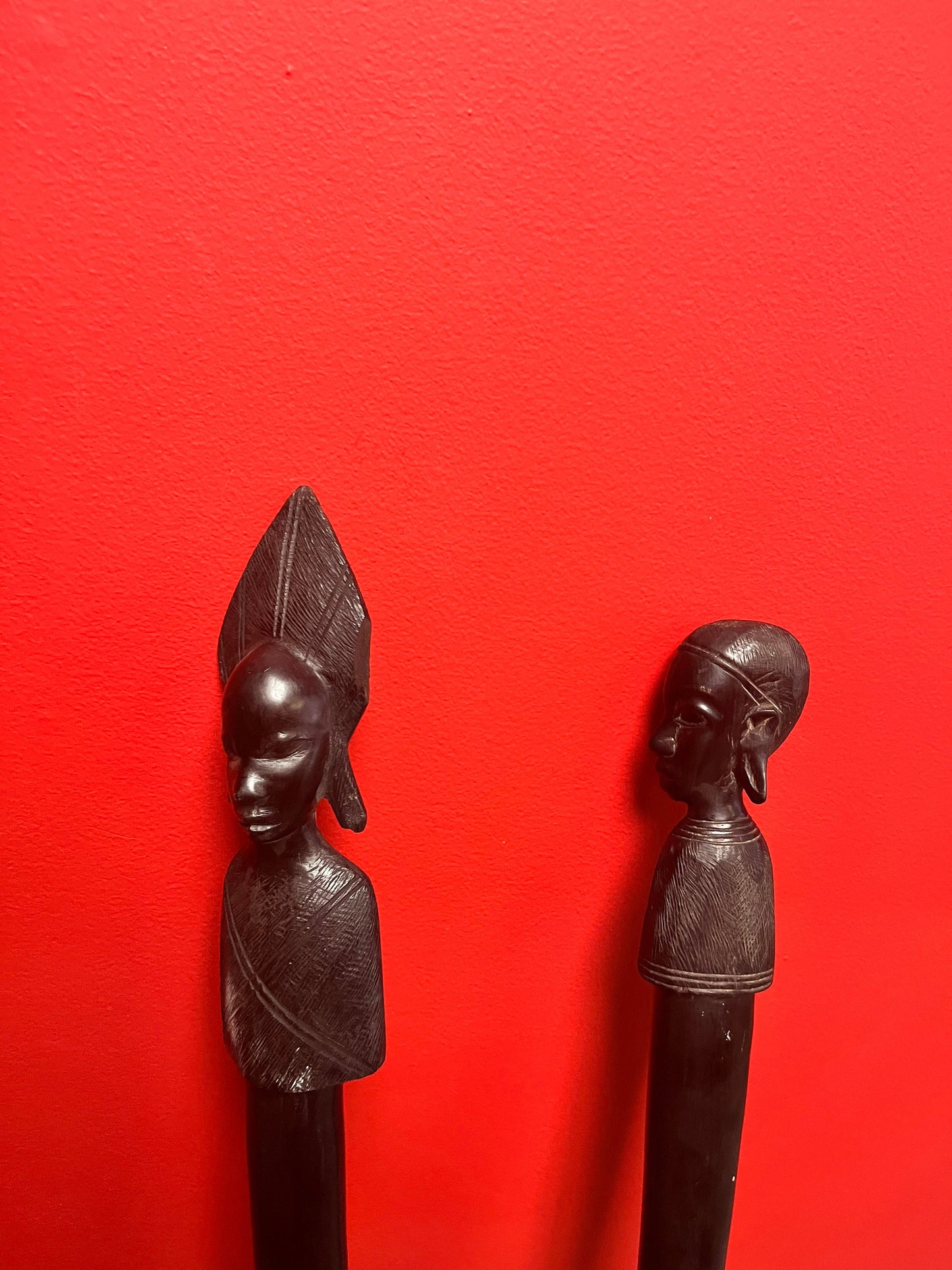 Pair Stunning 34 inch 1960s museum quality Ebony wooden power dance spears Tanzanian beauties