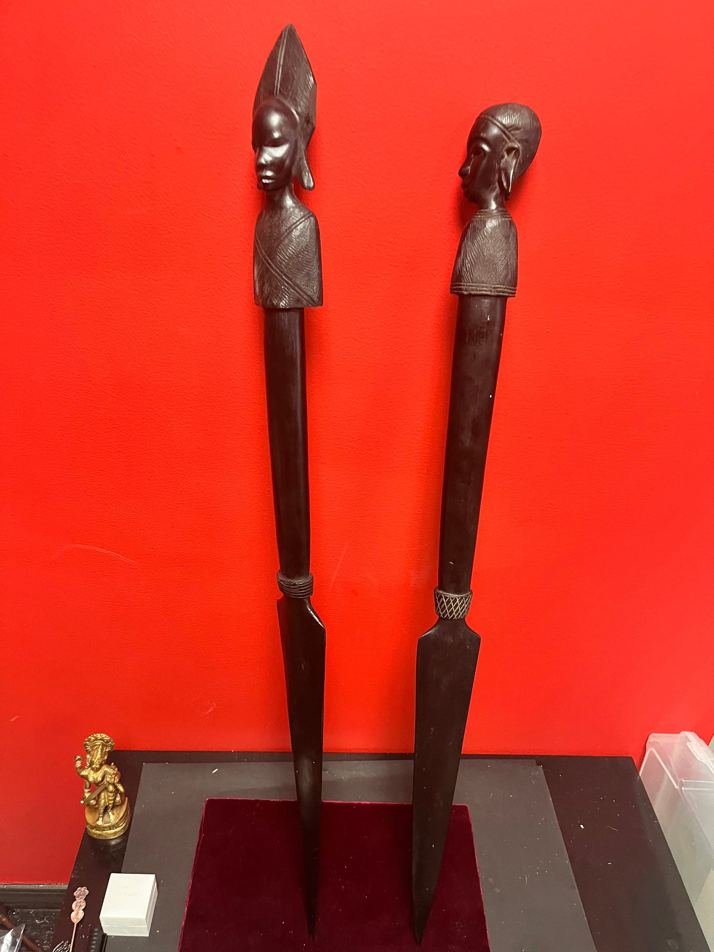 Pair Stunning 34 inch 1960s museum quality Ebony wooden power dance spears Tanzanian beauties