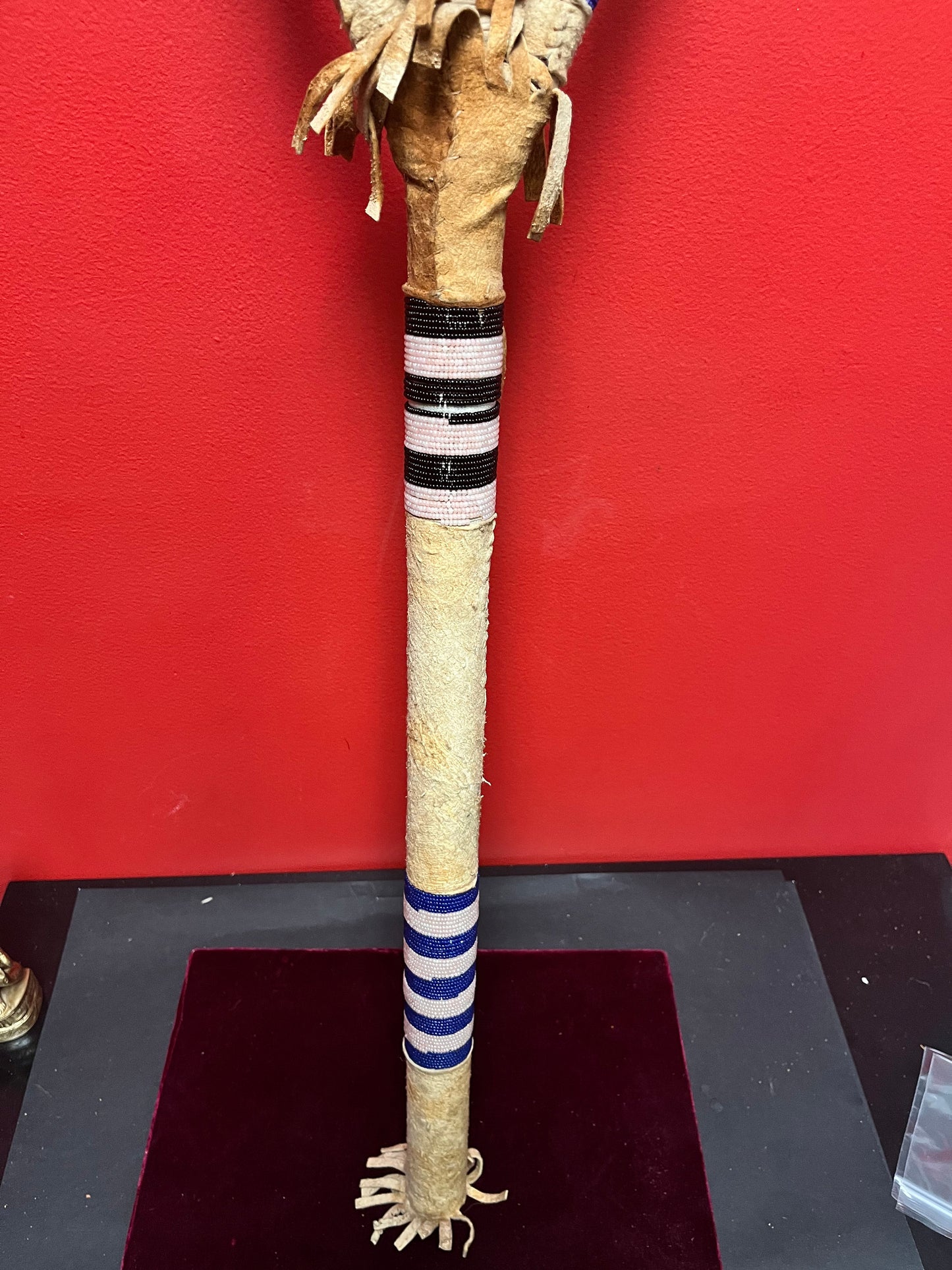 Stunning indigenous First Nations 36 inch long leather and bone and beaded weapon seems ceremonial perfect condition -
