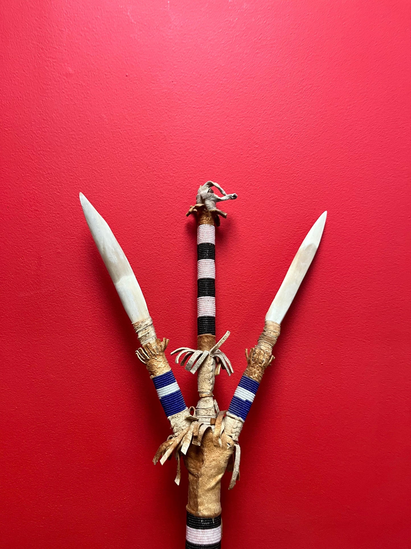 Stunning indigenous First Nations 36 inch long leather and bone and beaded weapon seems ceremonial perfect condition -