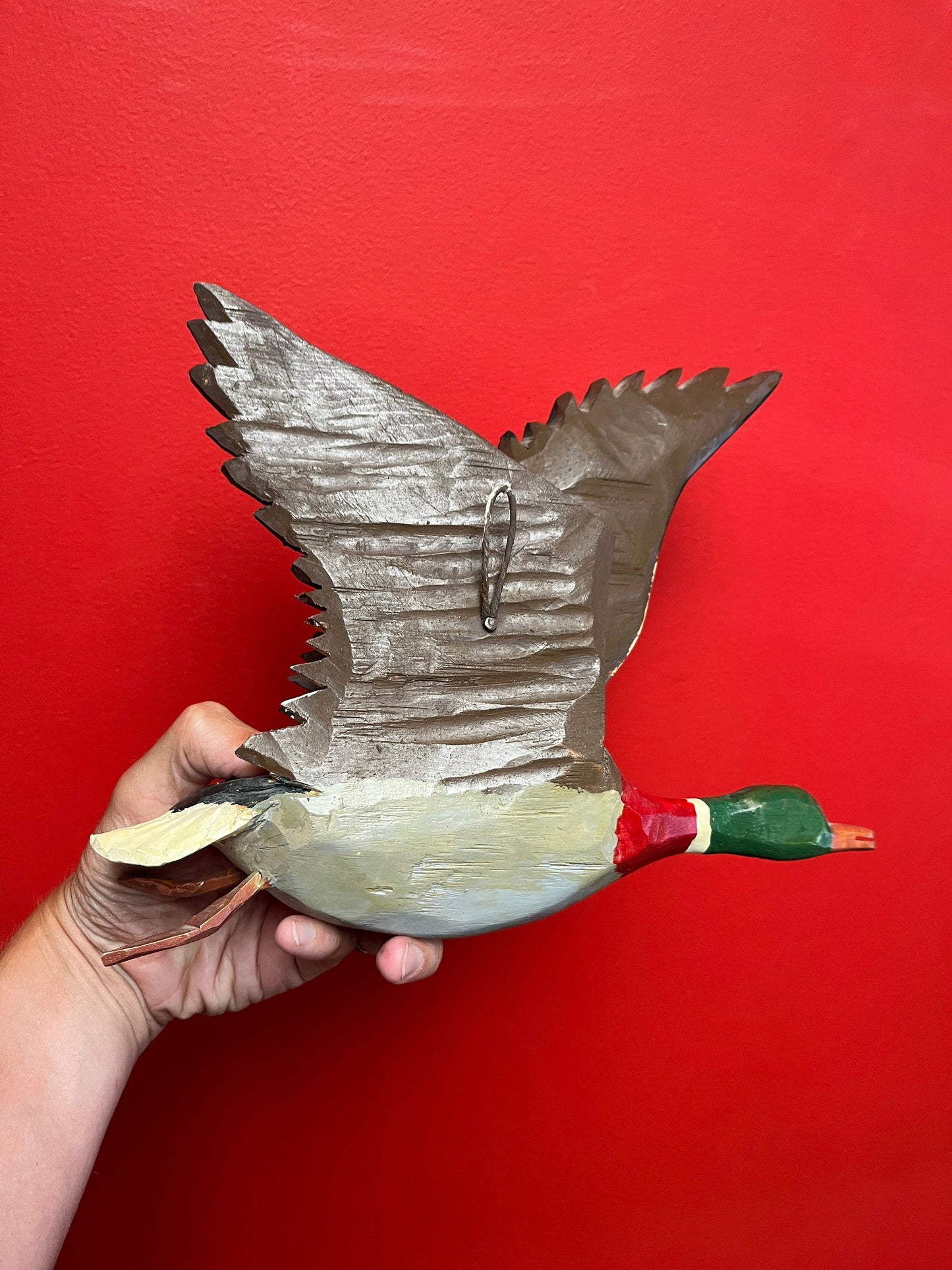 11 x 12 high stunning Canadian folk art painted wood duck plaque  antique beauty  great condition