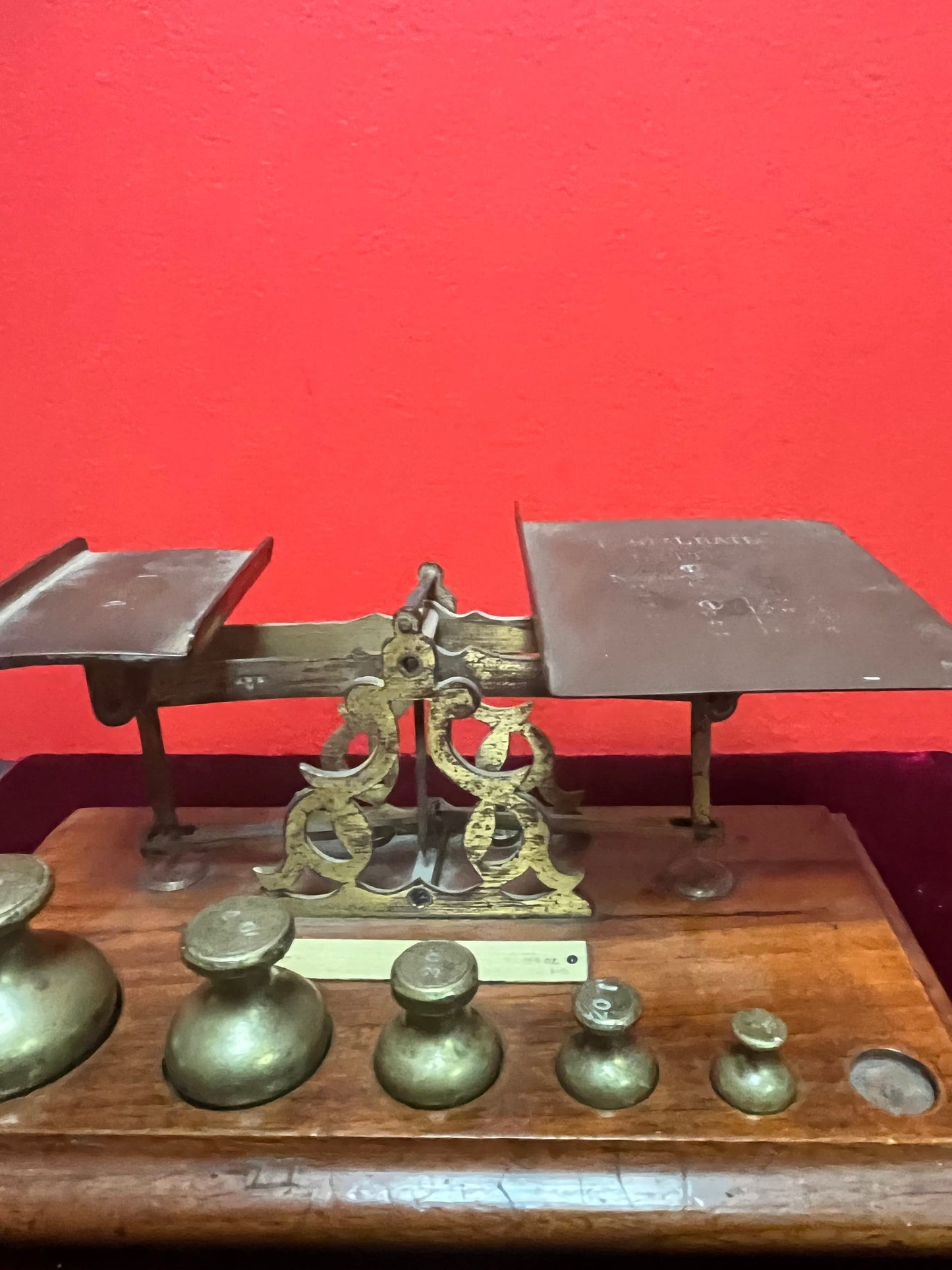 Fabulous antique 9 x 5 x 2 high brass and wood letter postal scales - beauties