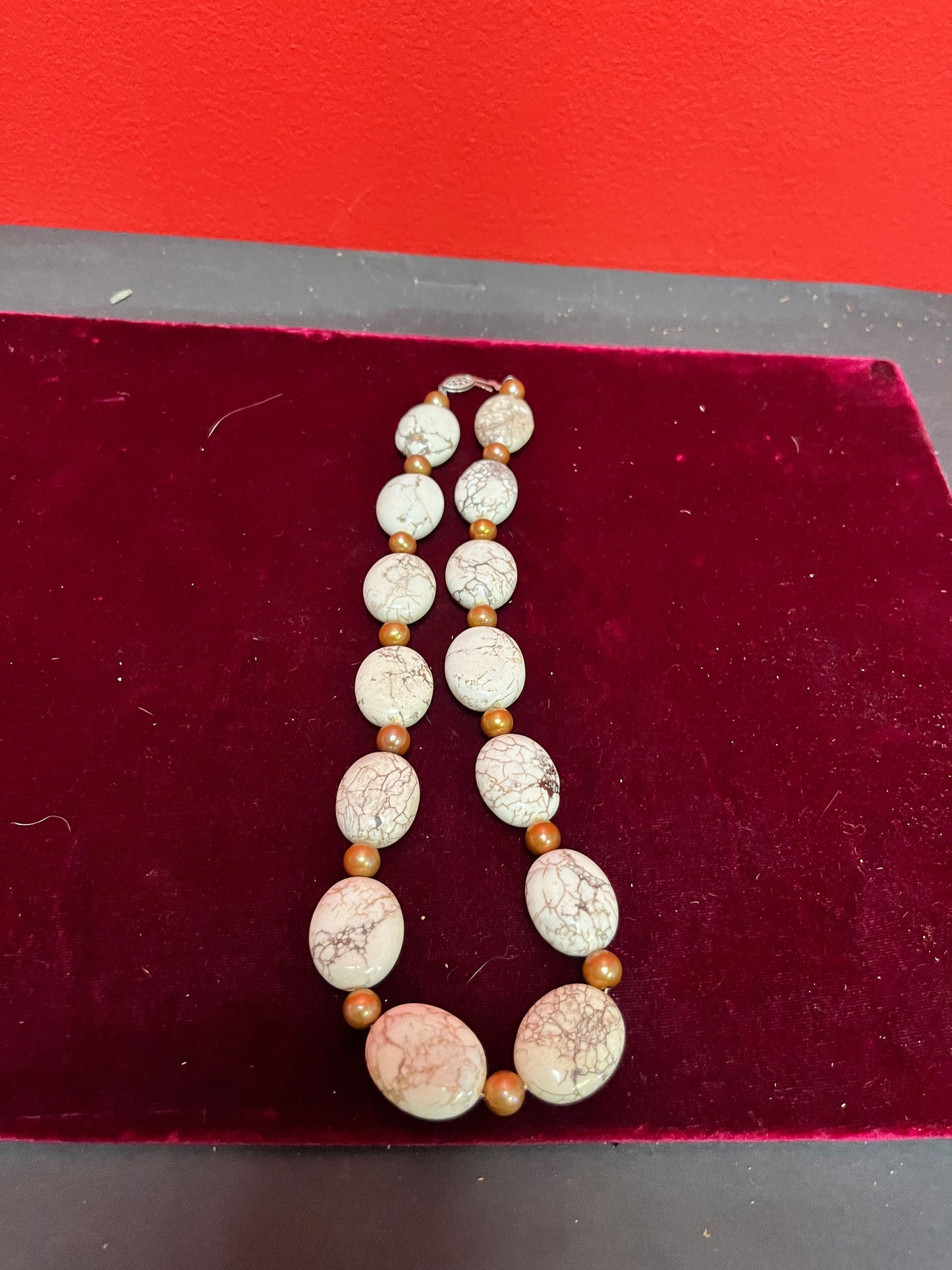 Lovely stone and bronze necklace - approximately 18 inches long very unusual and cool