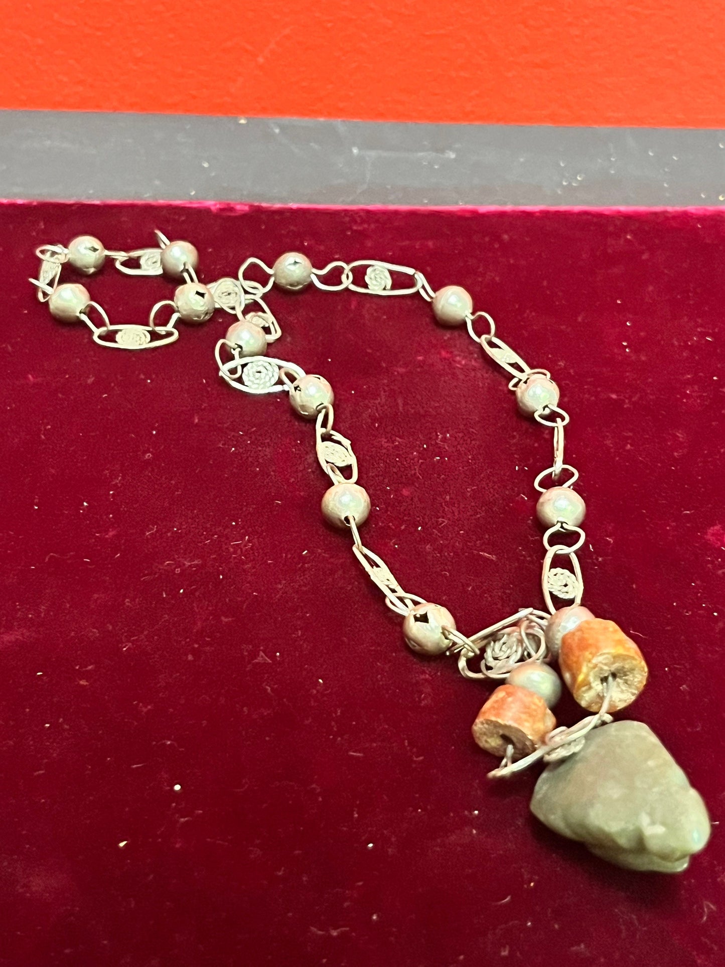 22 inch approx Asian silver and stone necklace - beautiful look and very unique