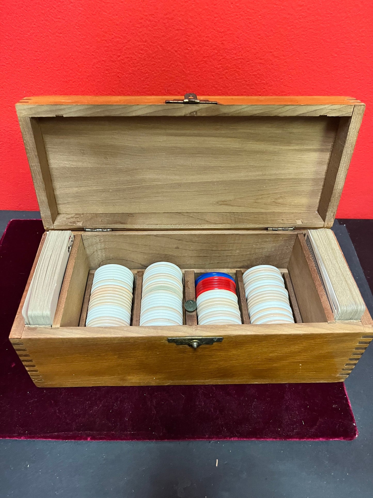 Fabulous Antique poker chip and cards set in box