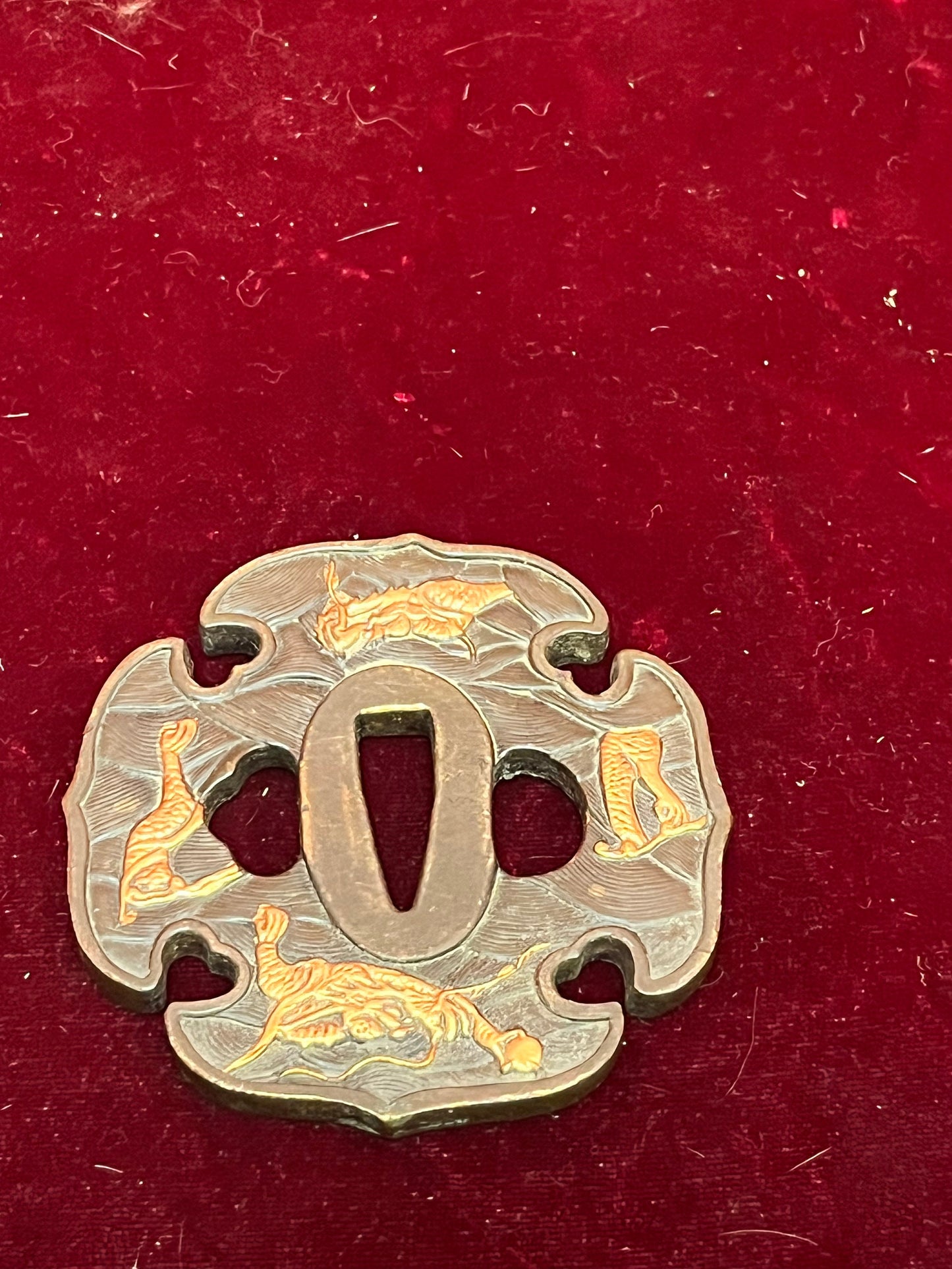 Fabulous 3 inch Japanese bronze and gilt samurai tsuba — antique in good condition