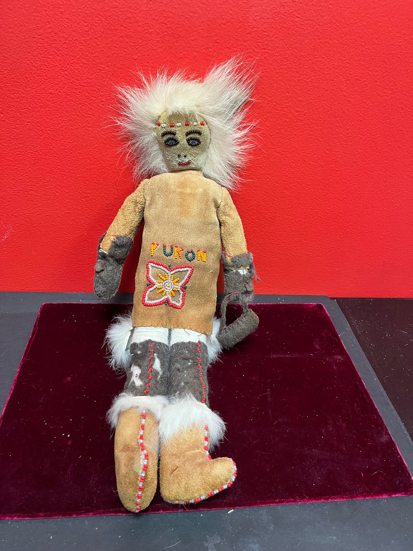 17 inch high antique Yukon I Indigenous, First Nations cloth beaded and leather doll pretty good condition lovely piece