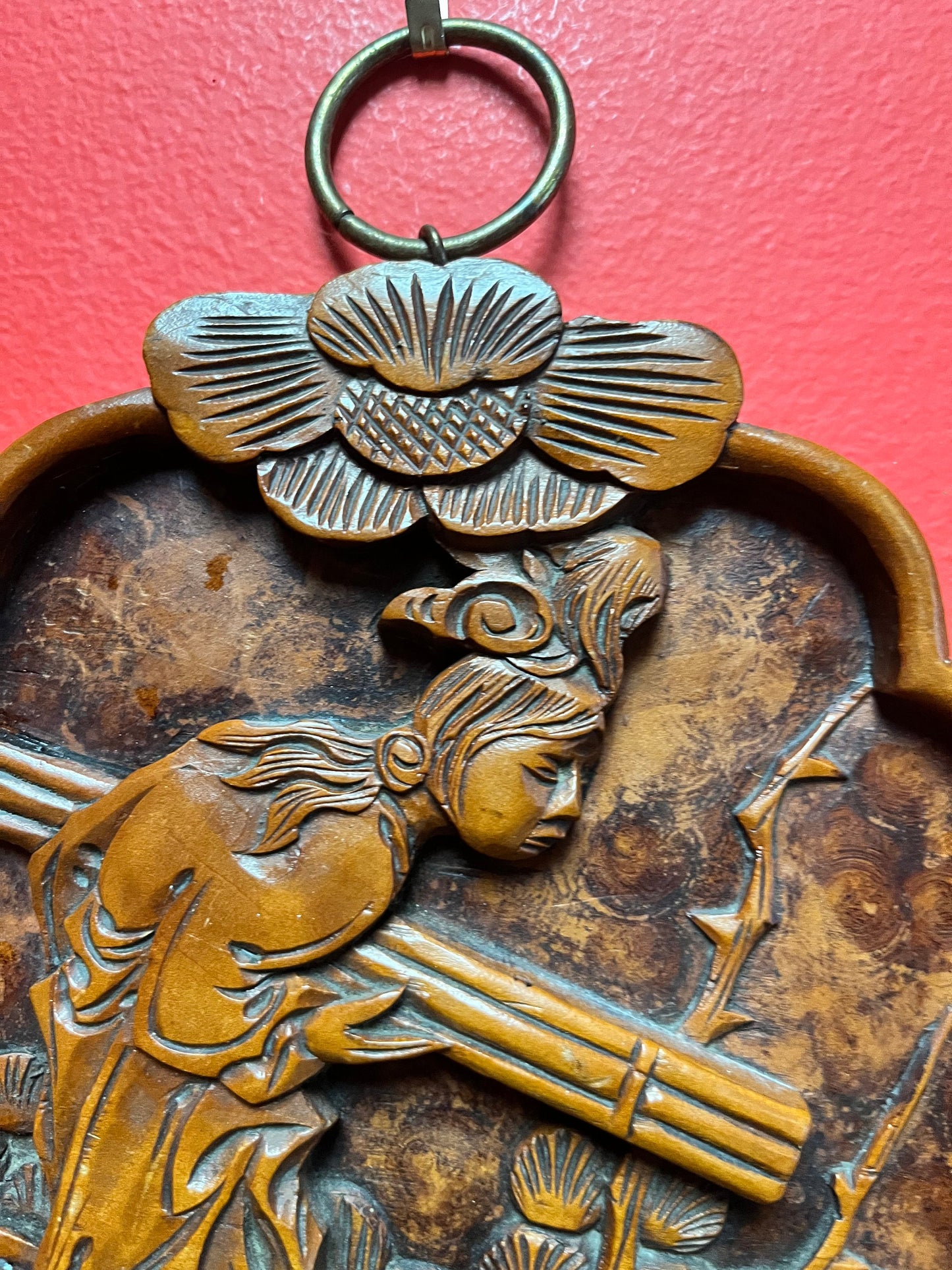 11 inch elaborately carved Asian plaque stunning