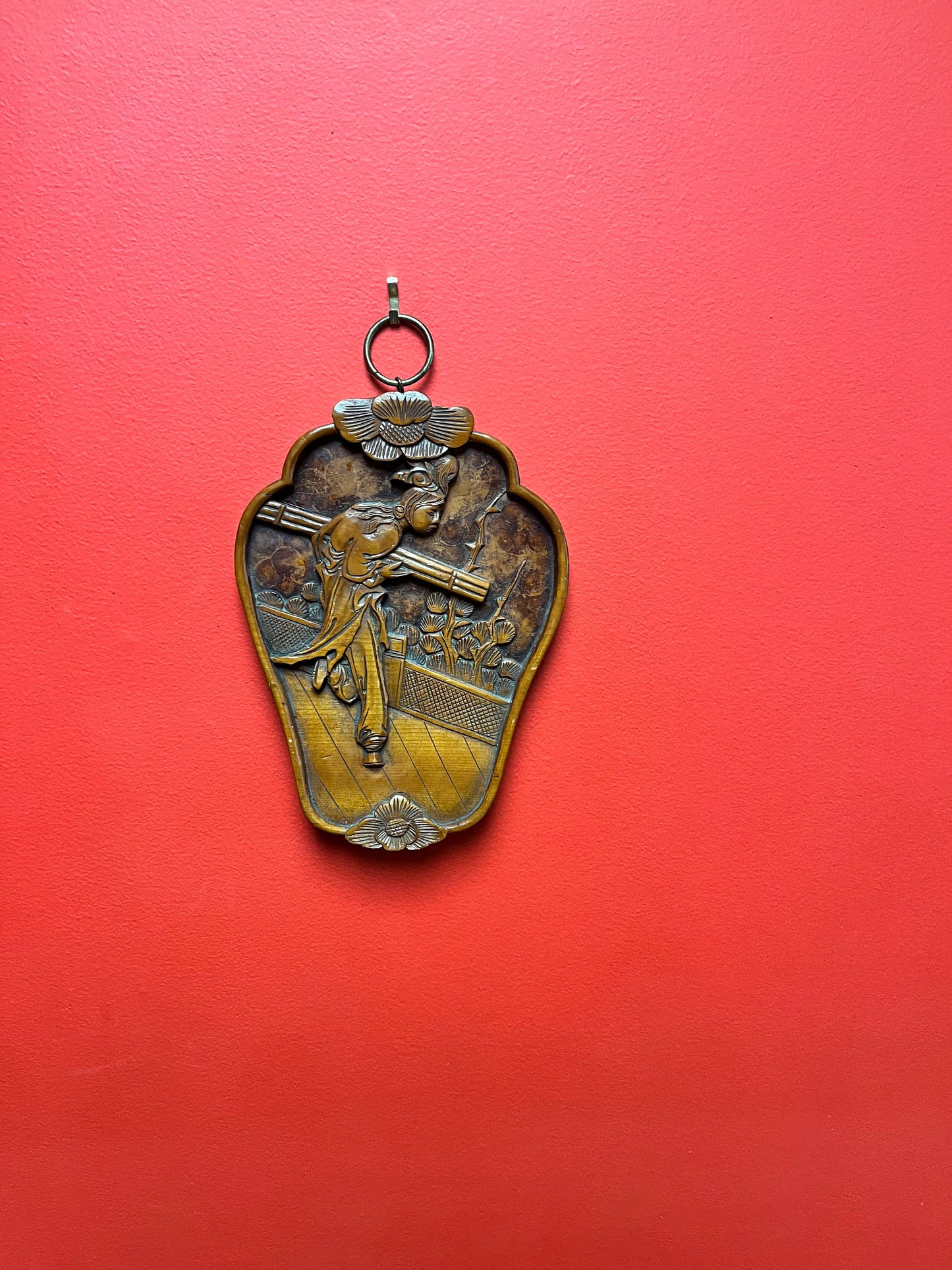 11 inch elaborately carved Asian plaque stunning