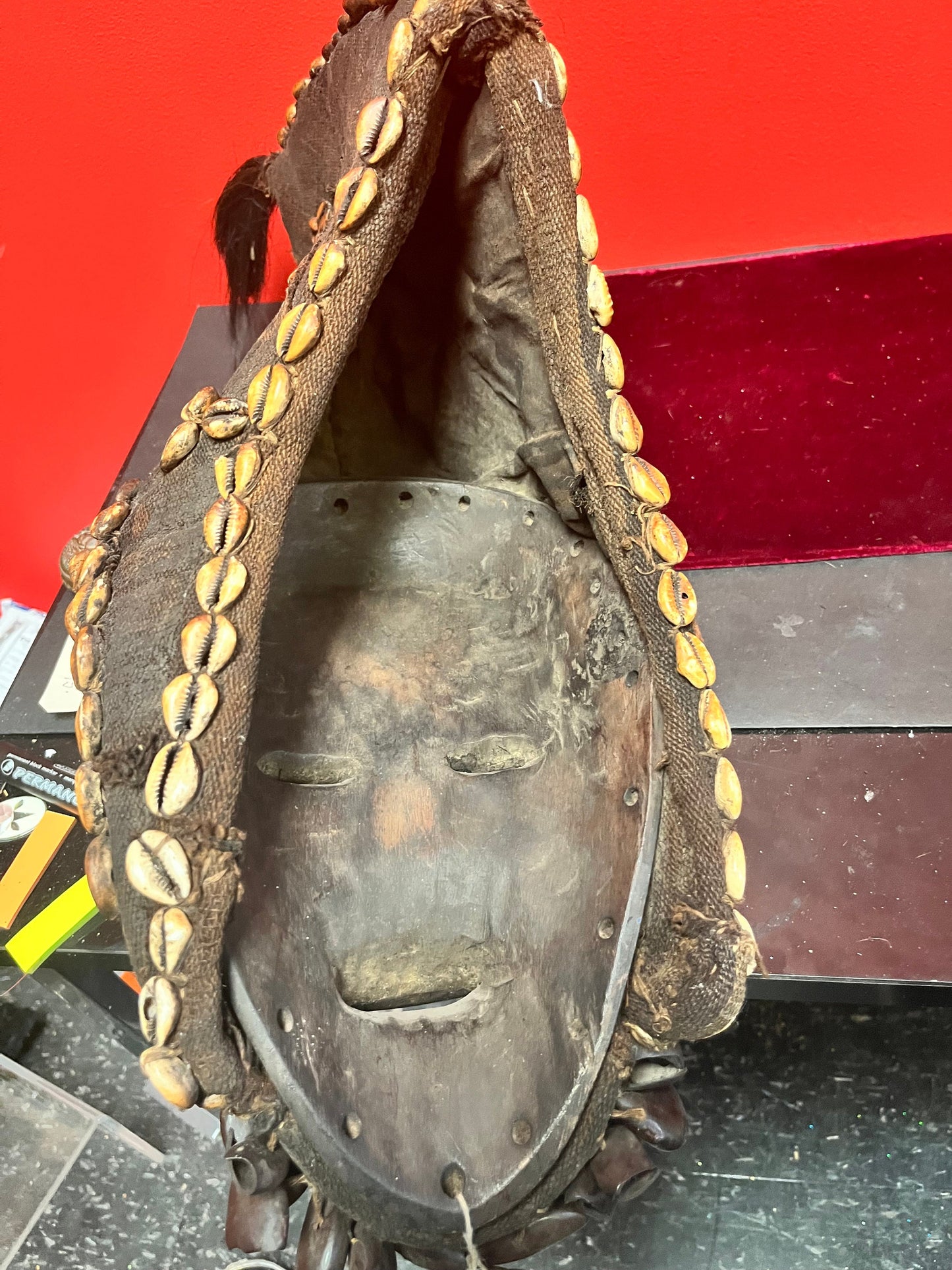 22 x 5 ancient museum quality western African mask with puka shells ceremonial and very rare wonderful condition