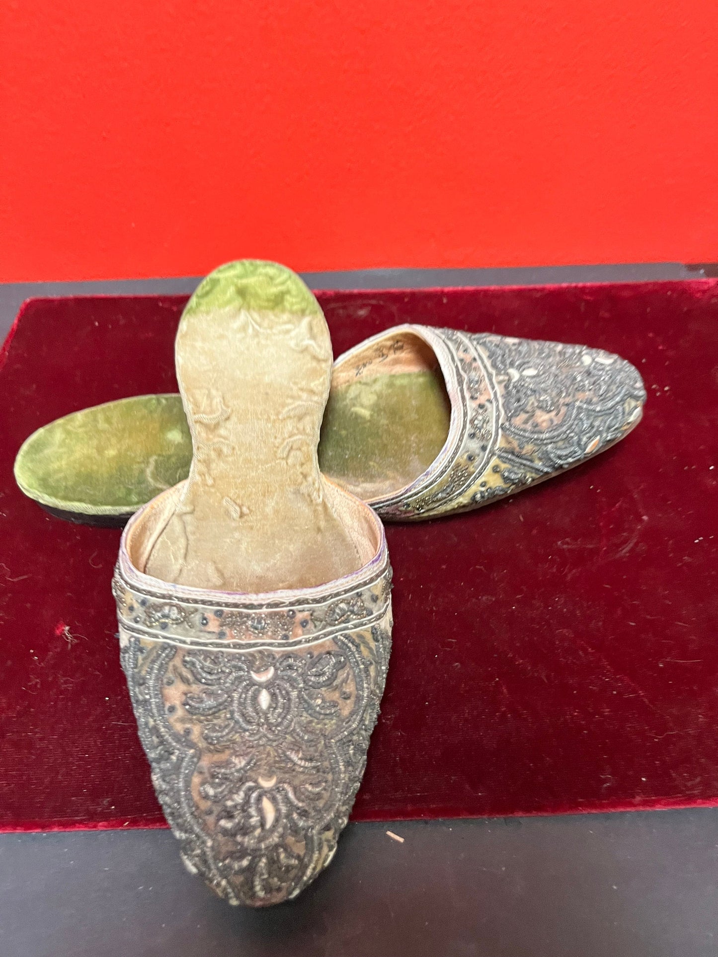 A 9 inch long size 37 Asian wood and cloth shoes great decor good value - as is