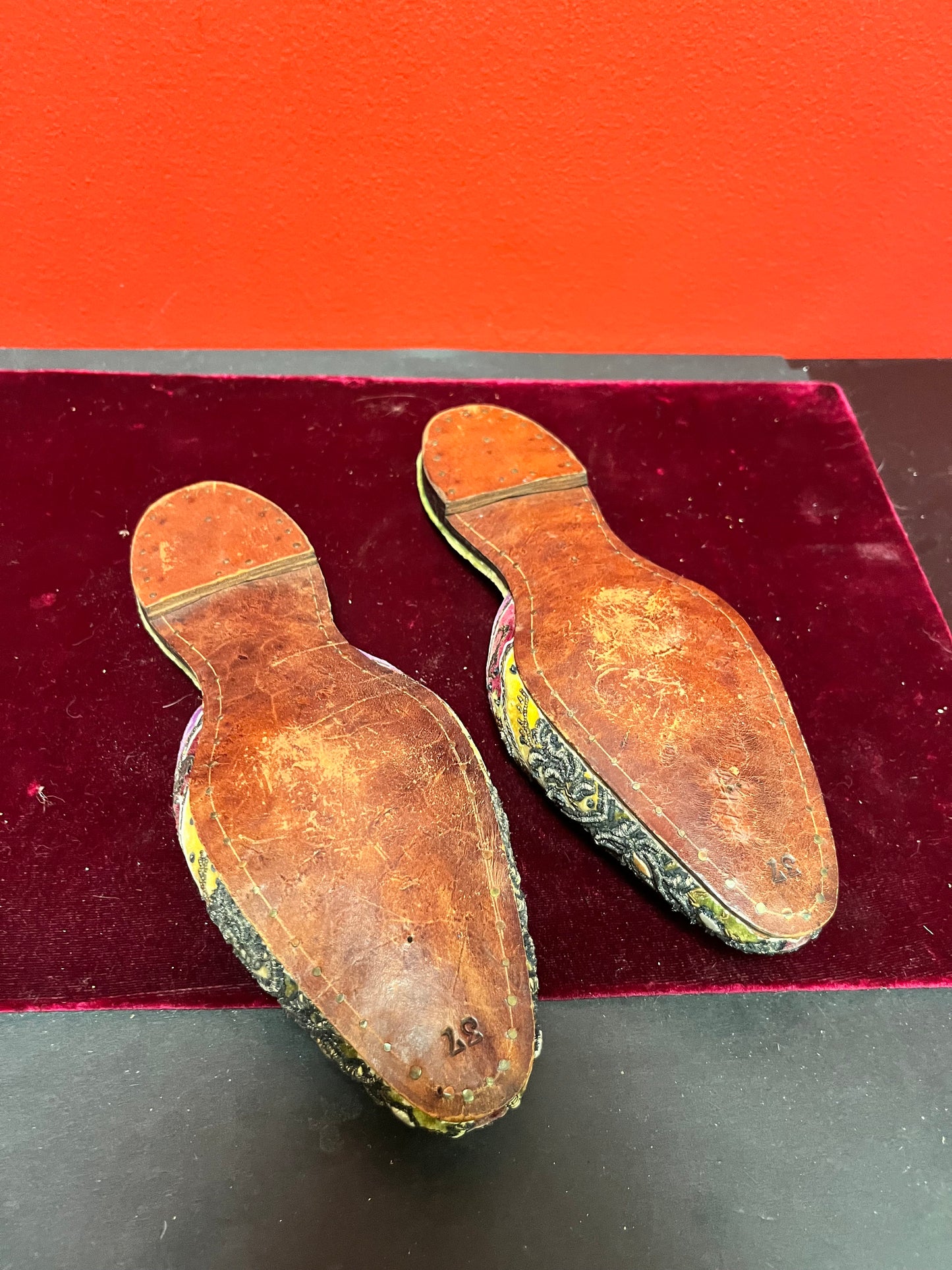 A 9 inch long size 37 Asian wood and cloth shoes great decor good value - as is