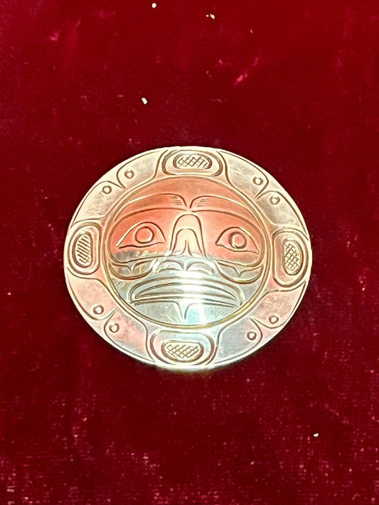 Stunning Indigenous First Nations pacific northwest coast moon pendant brooch by John Lancaster  great detail  great gift
