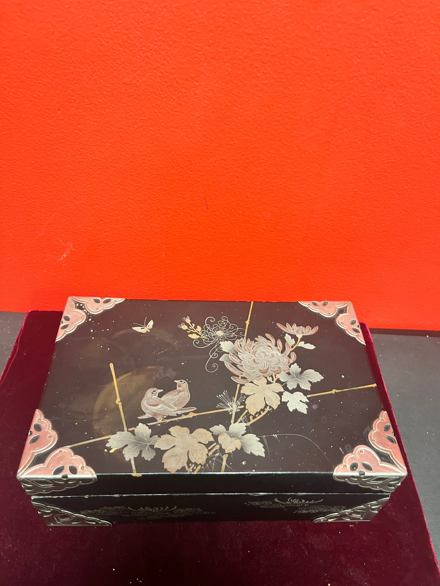 9.5 x 5.5 x 3 inches high signed Japanese silver and wood box couple scratches and marks beautiful piece