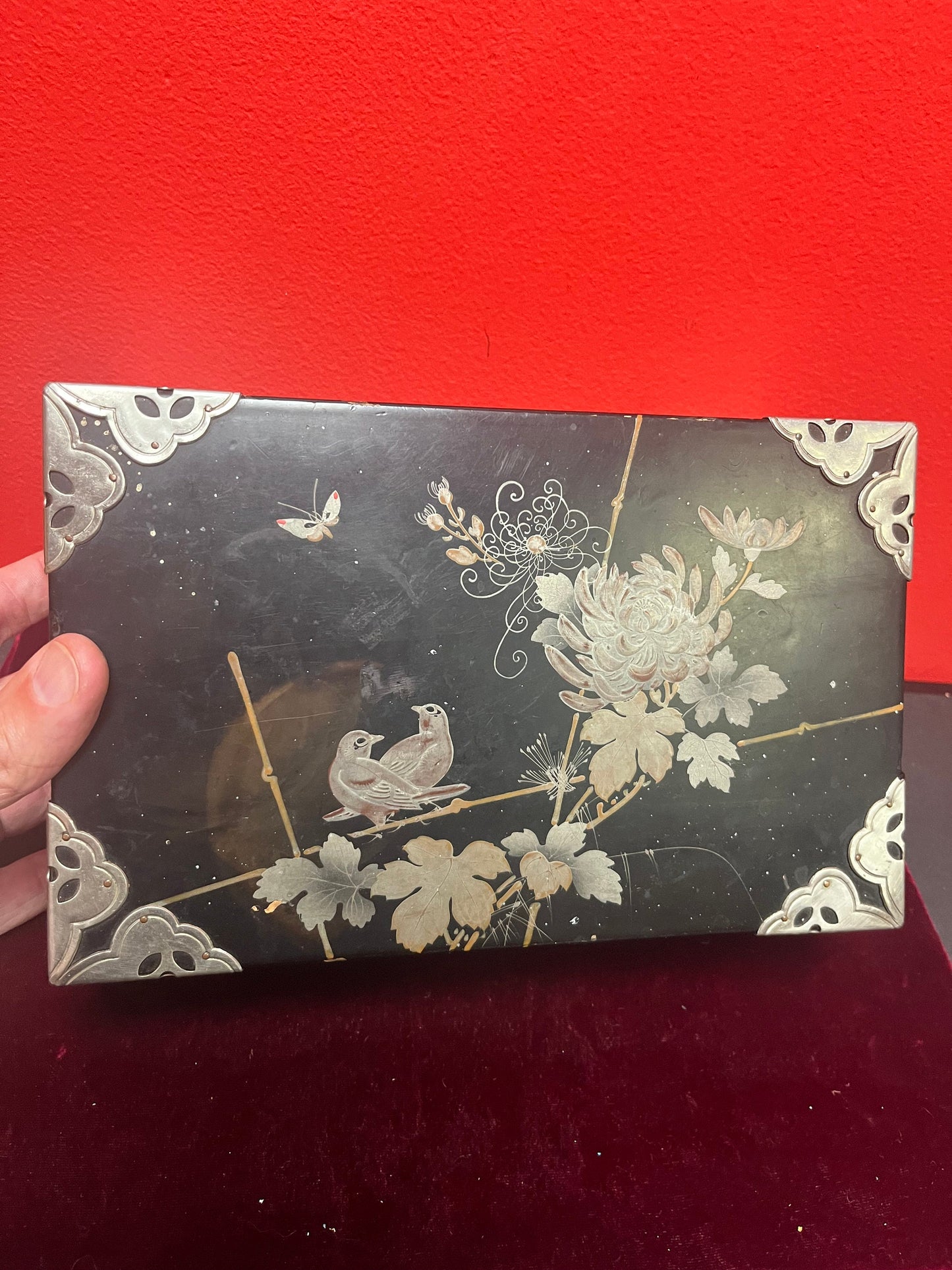 9.5 x 5.5 x 3 inches high signed Japanese silver and wood box couple scratches and marks beautiful piece