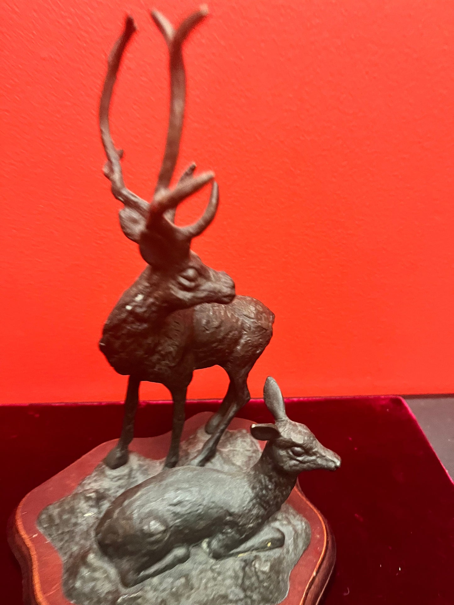 Beautiful 10 inch high older bronze stag and fawn on base lovely Patina