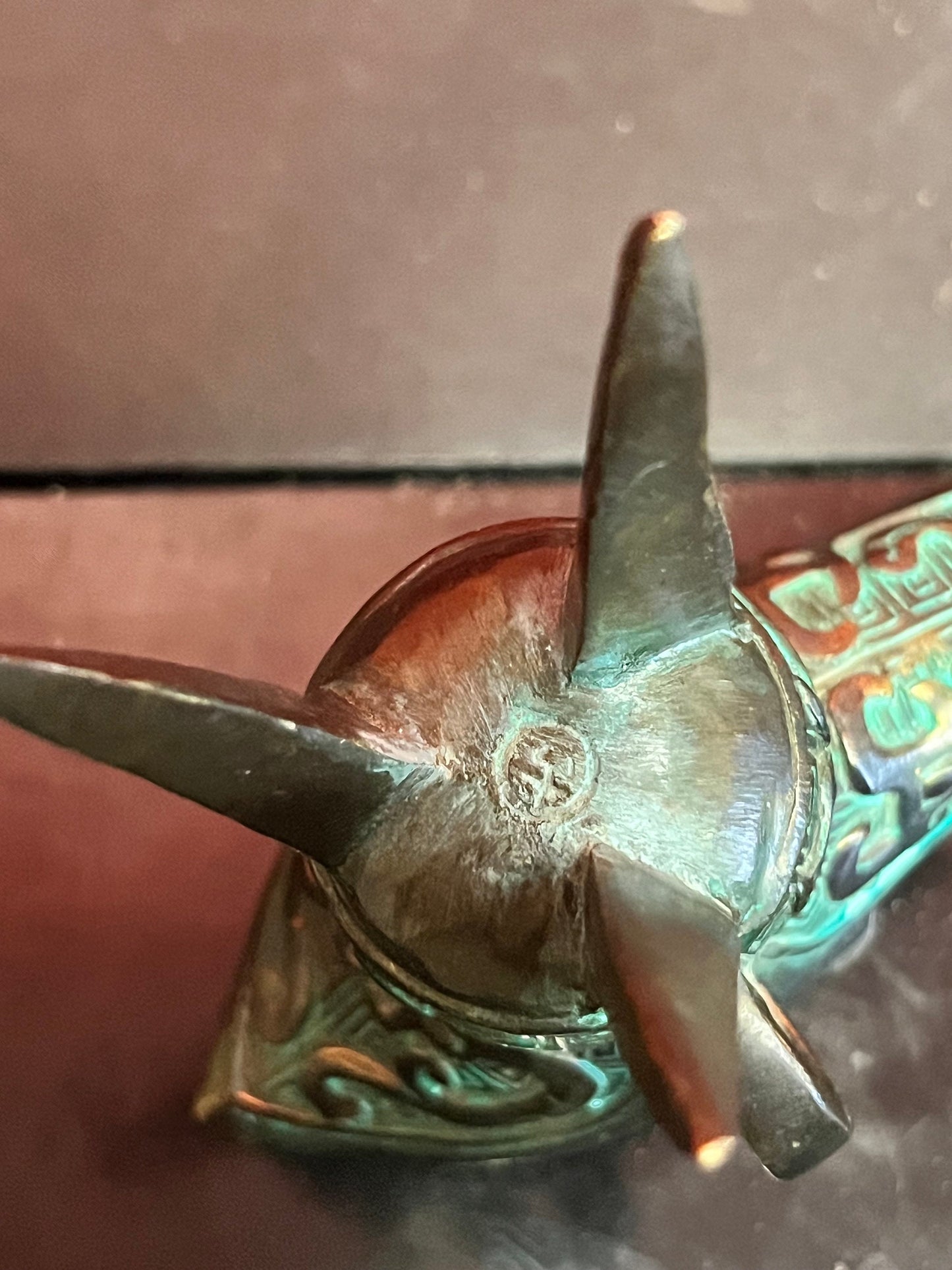 Pair of old Chinese, 5 inch high bronze vessels wonderful Patina