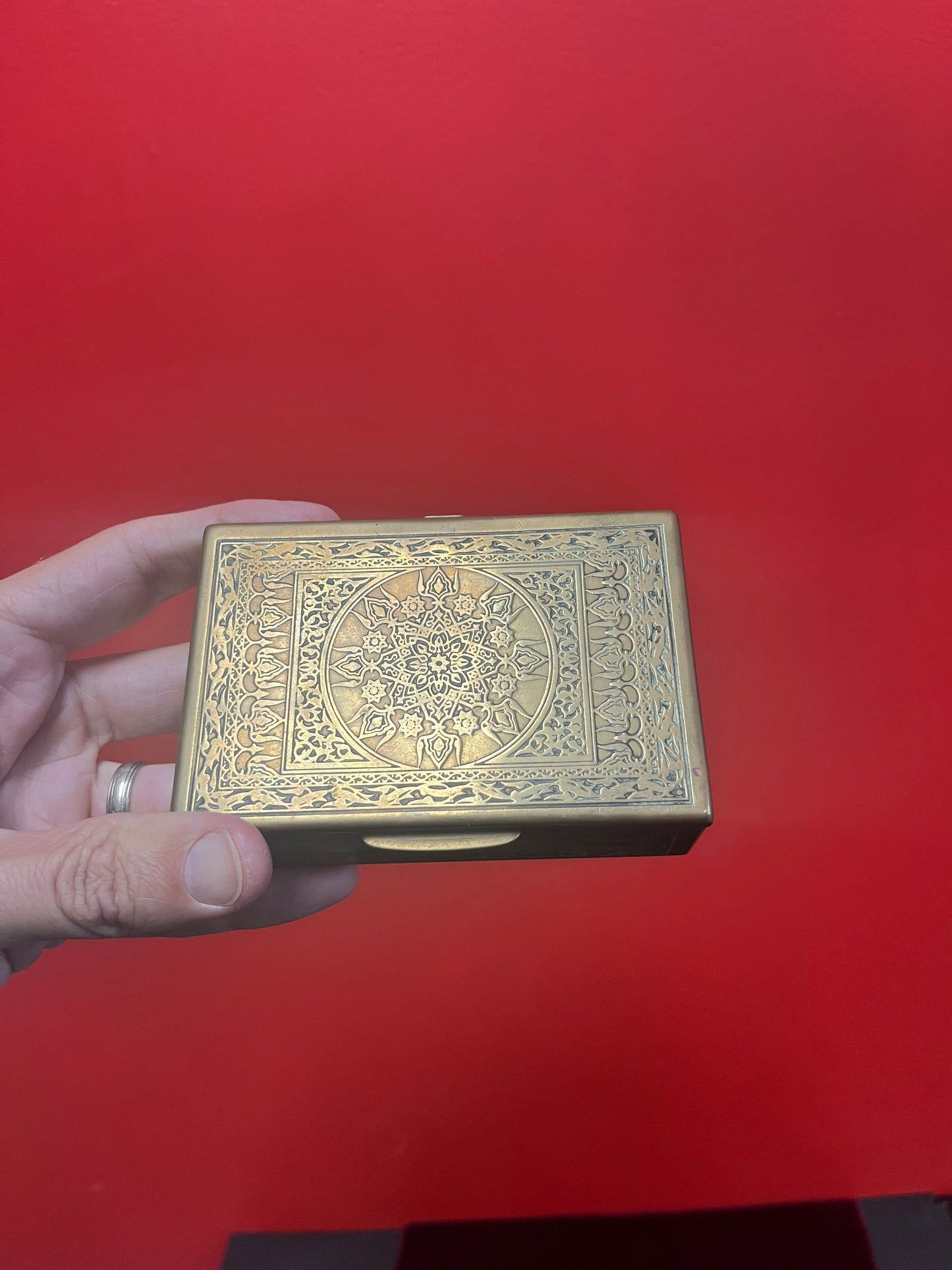 4 1/2 x 3 x 1 1/2 high ornate Asian brass box lovely little gift