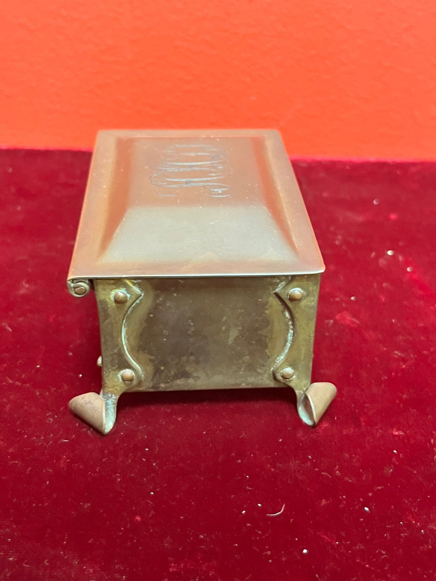 3 1/2 x 2 1/2 x 2 high small arts and crafts bronze box nice patina and condition