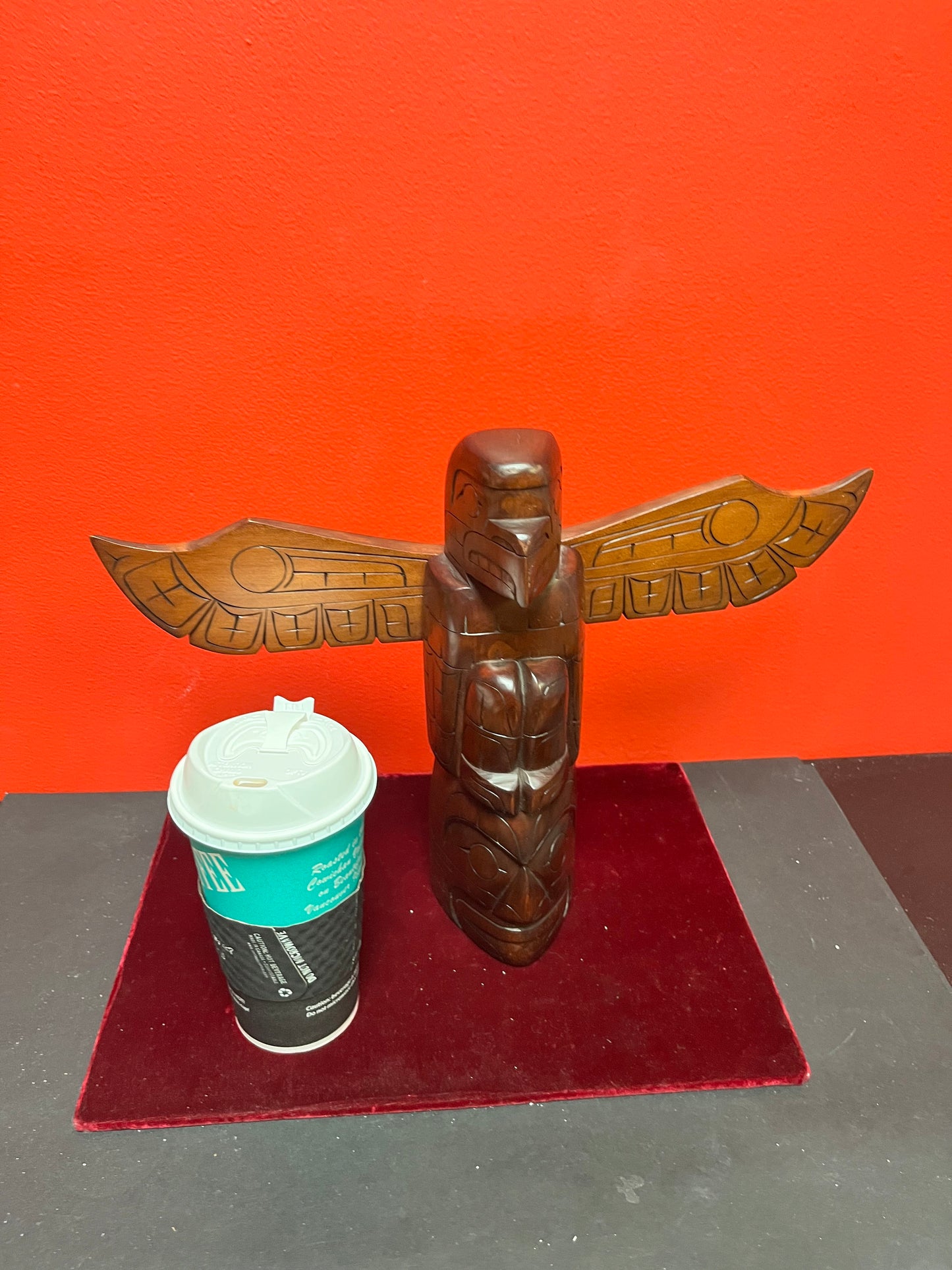 Stunning 11 x 15 wide stained cedar signed indigenous, first nations pacific northwest coast totem pole with wings wow great detail