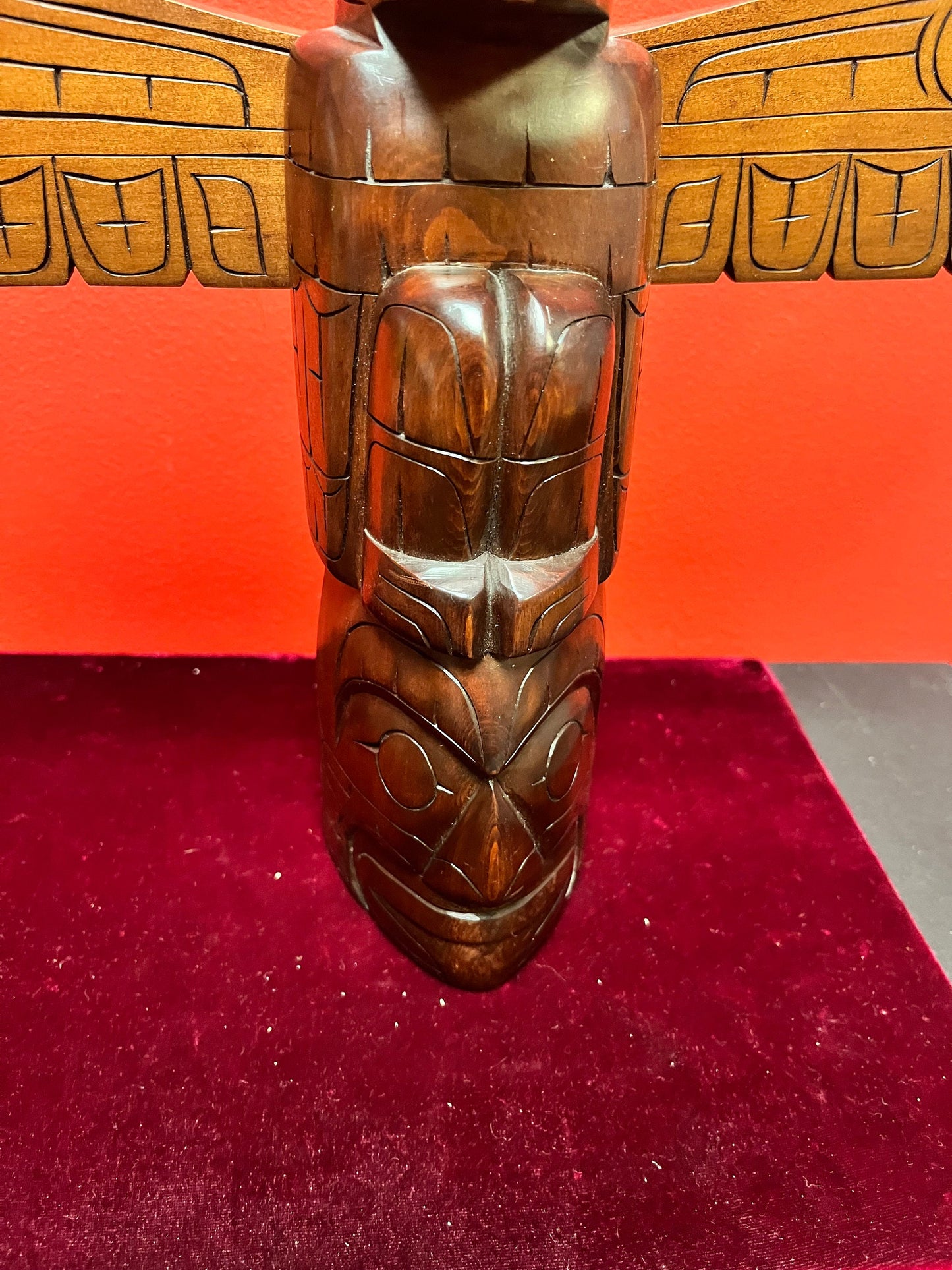 Stunning 11 x 15 wide stained cedar signed indigenous, first nations pacific northwest coast totem pole with wings wow great detail