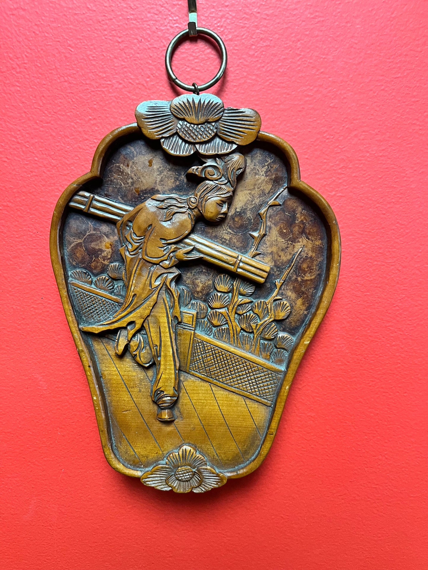 11 inch elaborately carved Asian plaque stunning