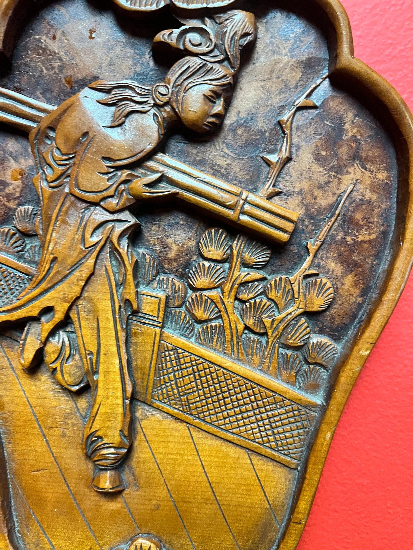 11 inch elaborately carved Asian plaque stunning