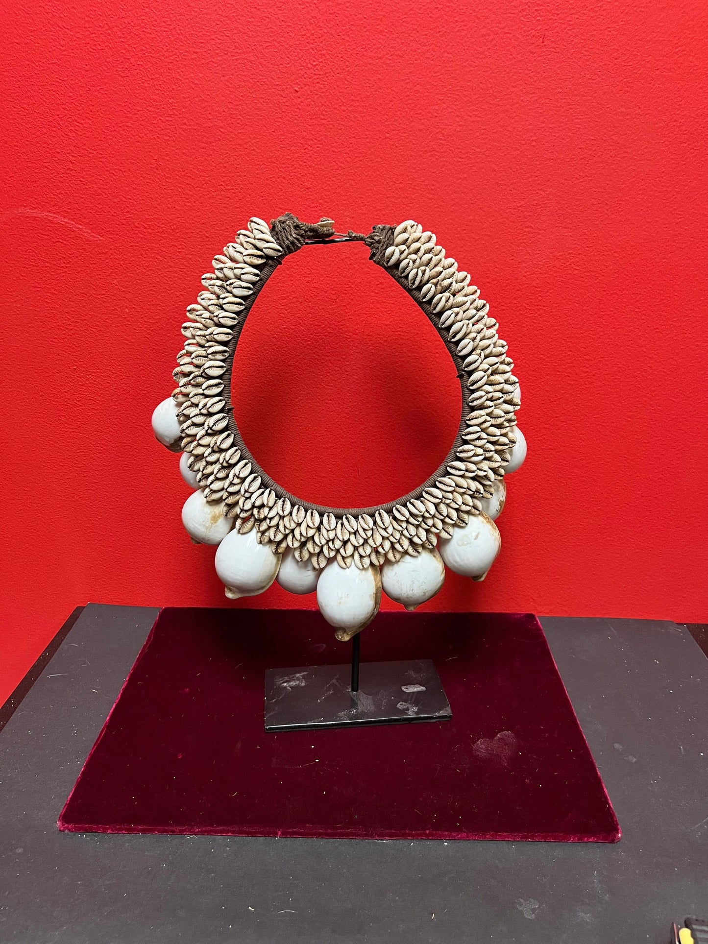 Stunning museum quality 19th century oceanic shell necklace on stand necklaces, 12 inches tall and 11 inches wide approx - wow