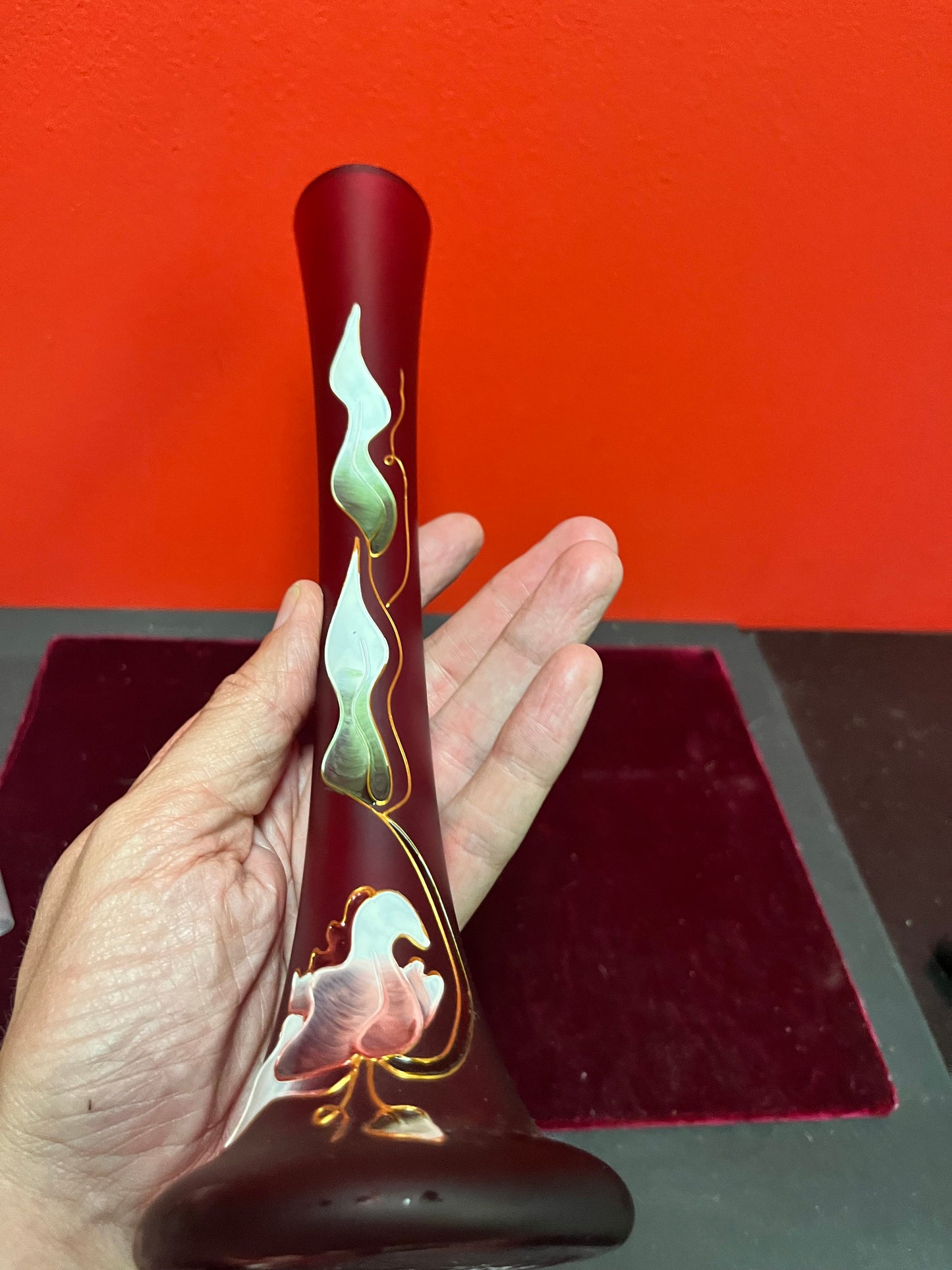 Absolutely stunning 12 inch antique hand painted cameo art glass vase - to die for