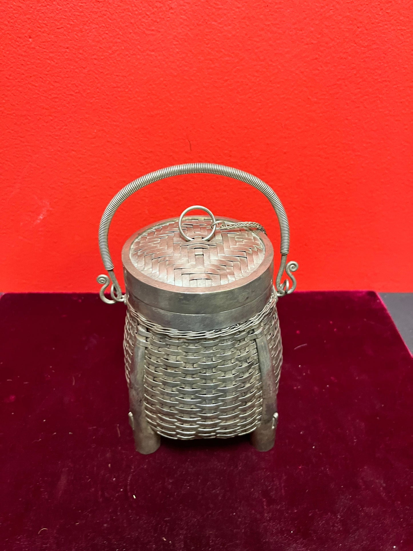 8 inch tall Chinese silver basket box unmarked