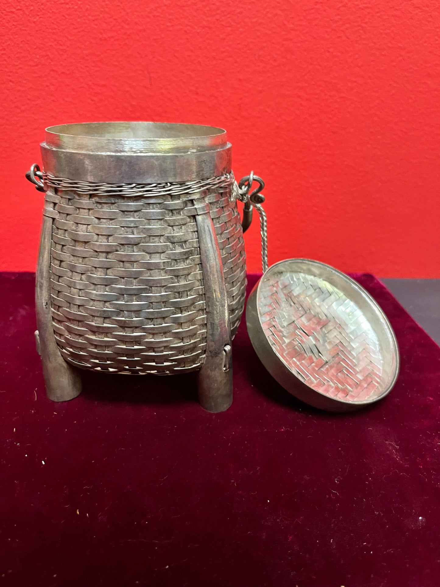 8 inch tall Chinese silver basket box unmarked