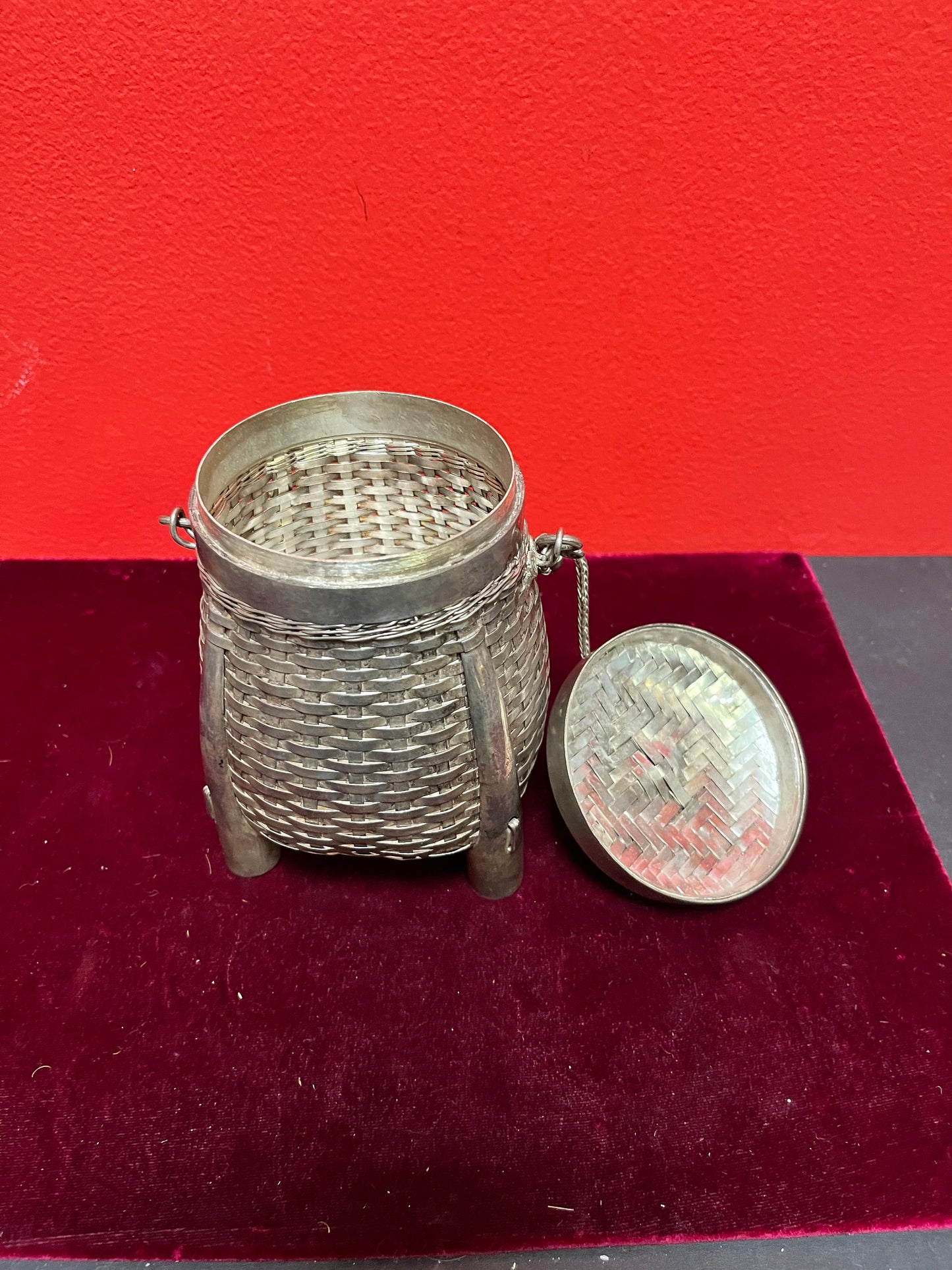 8 inch tall Chinese silver basket box unmarked