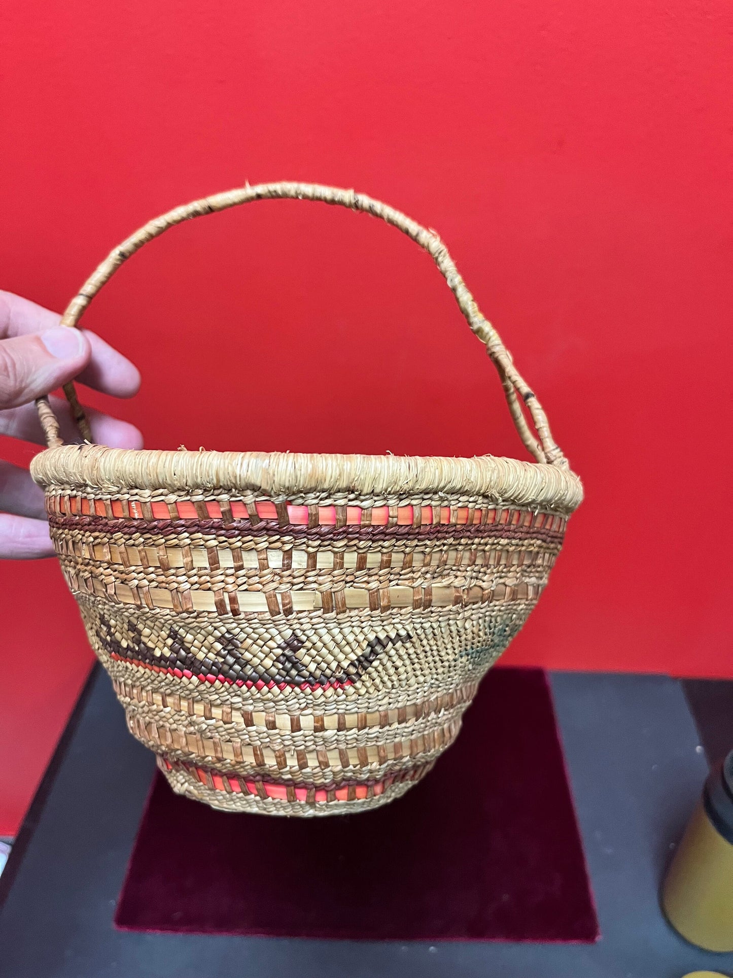 Stunning 8 x 10 high indigenous Canadian native antique woven basket with delicious handle wow