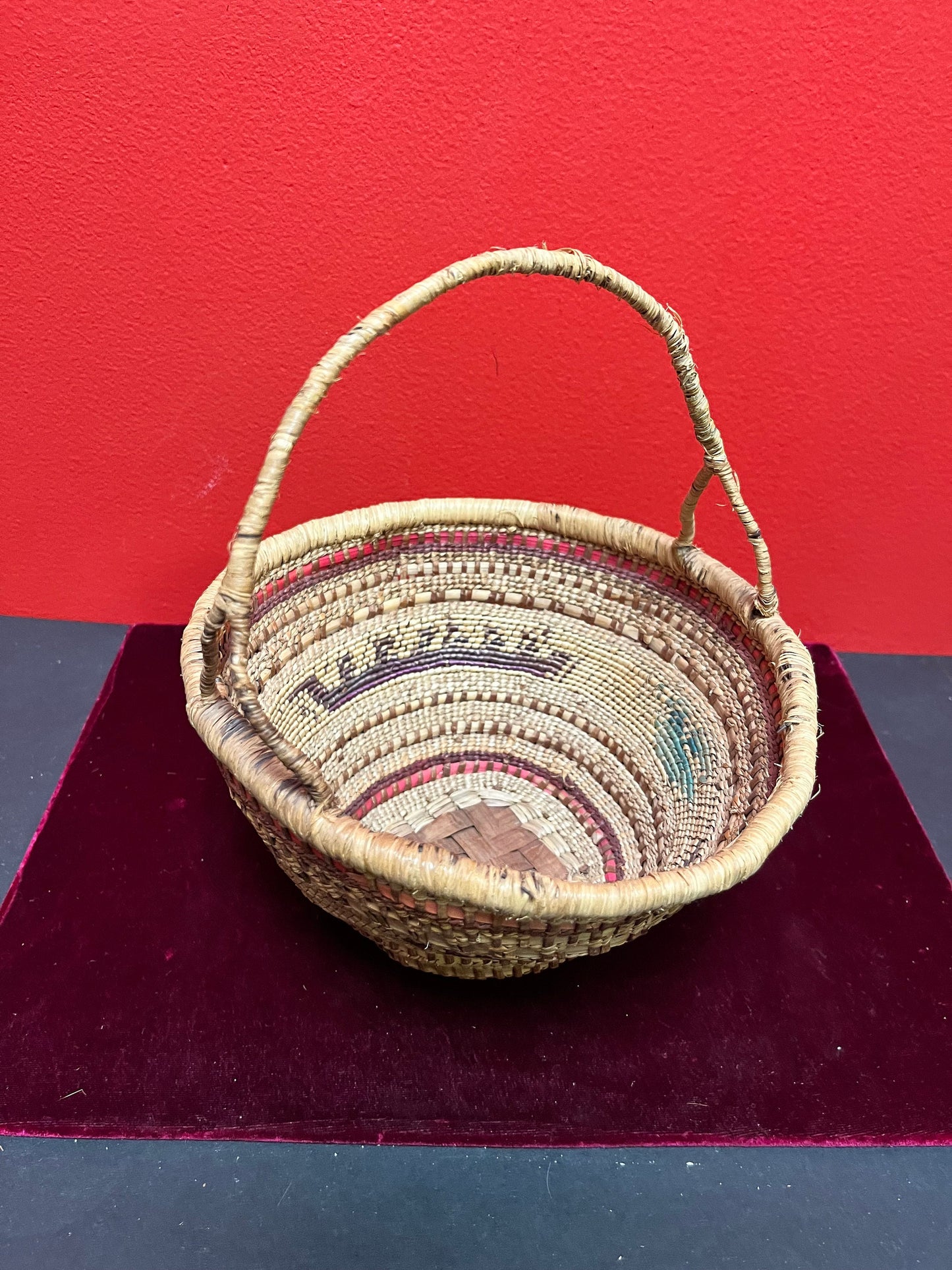 Stunning 8 x 10 high indigenous Canadian native antique woven basket with delicious handle wow