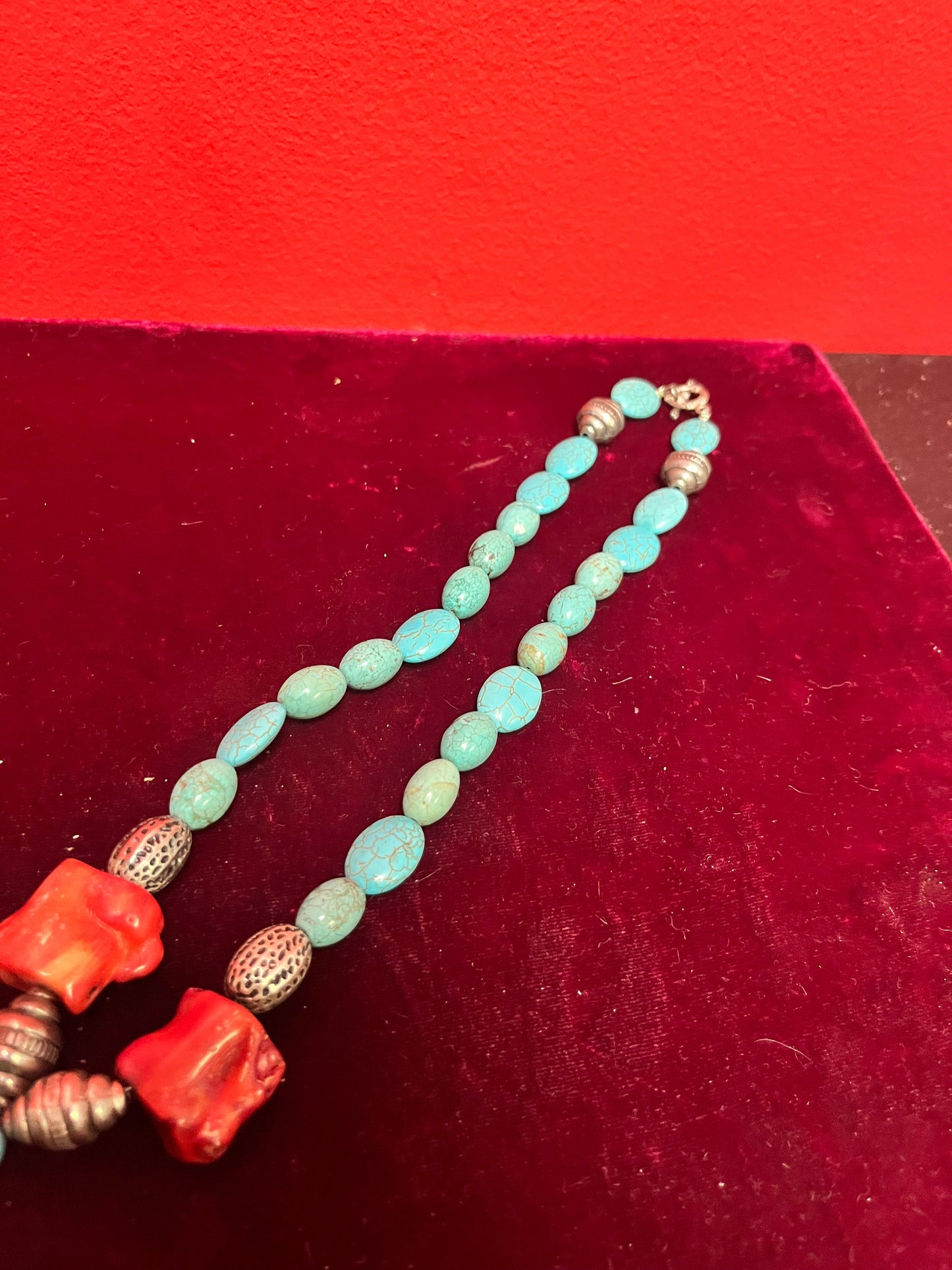 Approximately 20 inch long, turquoise and silver necklace