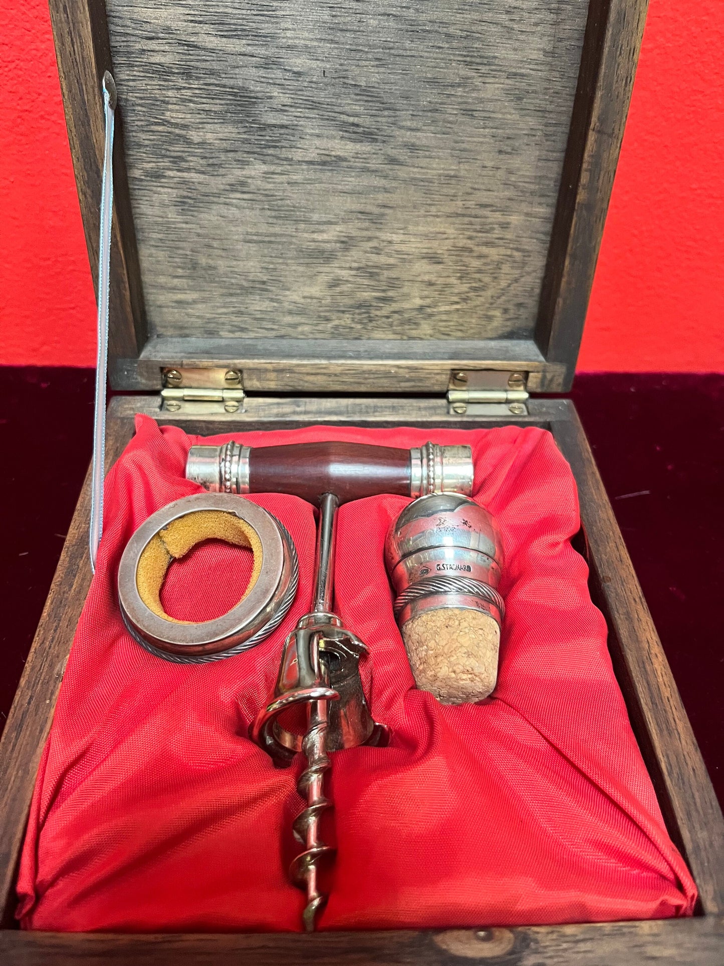 Very cool Argentinian wood and silver plated bar set in original box with certificate perfect gift