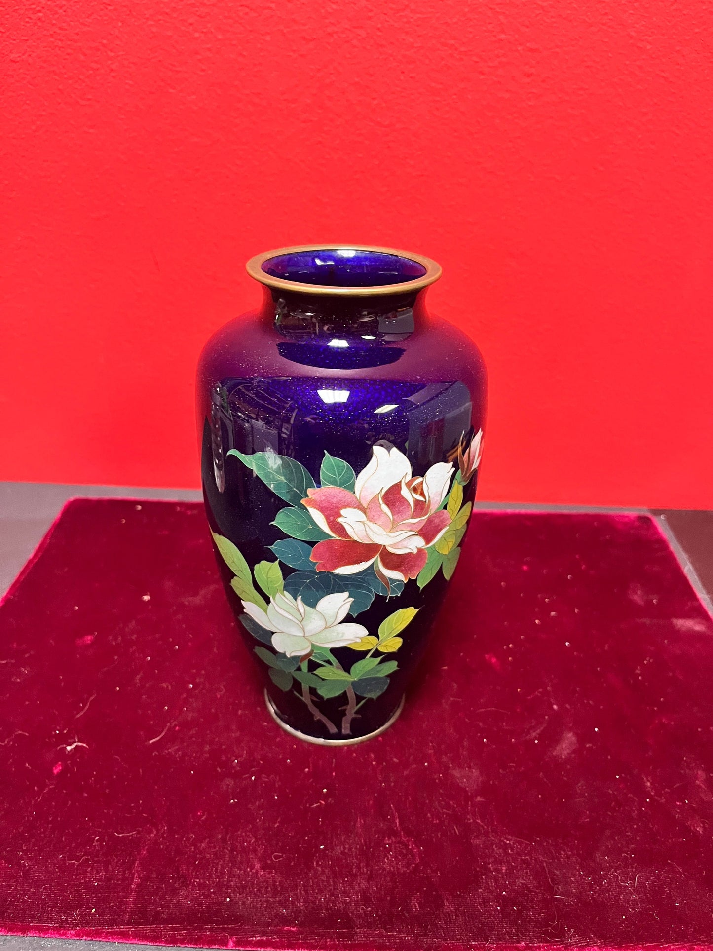 Fabulous 8 inch Chinese cloisonné rich blue vase in mint condition— wonderful detail