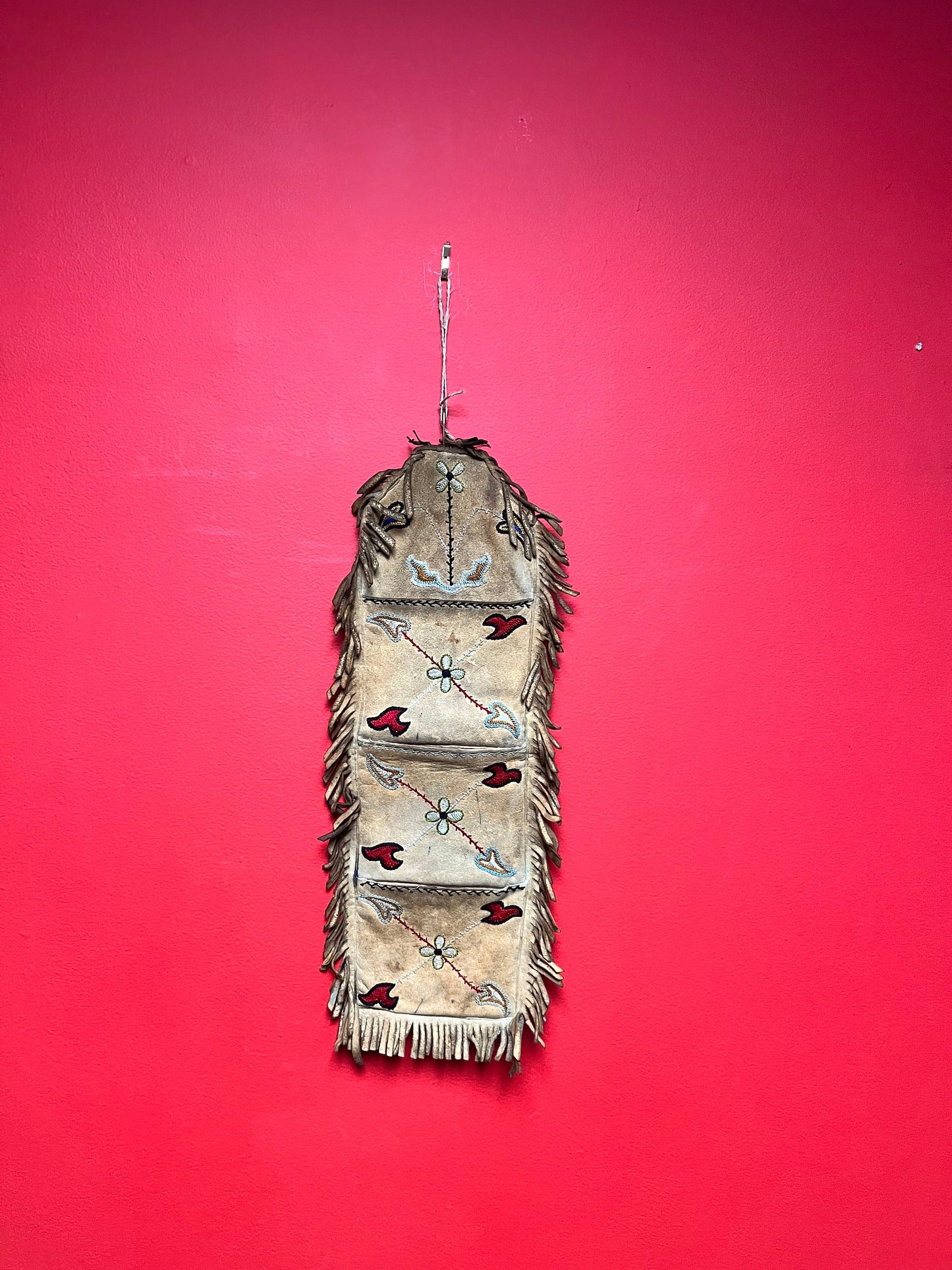 Early indigenous leather and sewn spices and medicine pouch  18 x 9 inches -  late 1800s  Indigenous First Nations northwest coast