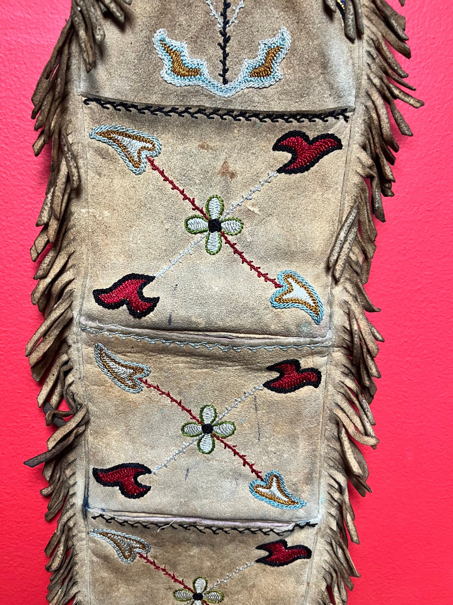 Early indigenous leather and sewn spices and medicine pouch  18 x 9 inches -  late 1800s  Indigenous First Nations northwest coast