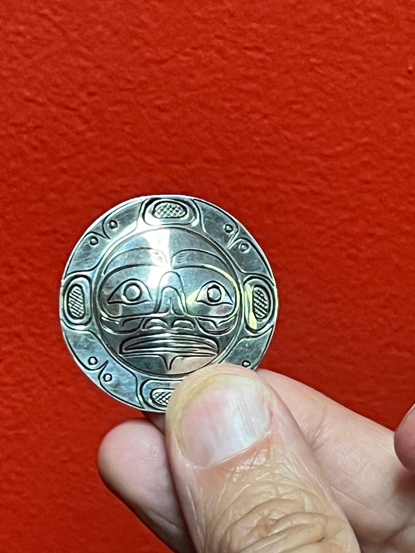 Stunning Indigenous First Nations pacific northwest coast moon pendant brooch by John Lancaster great detail great gift