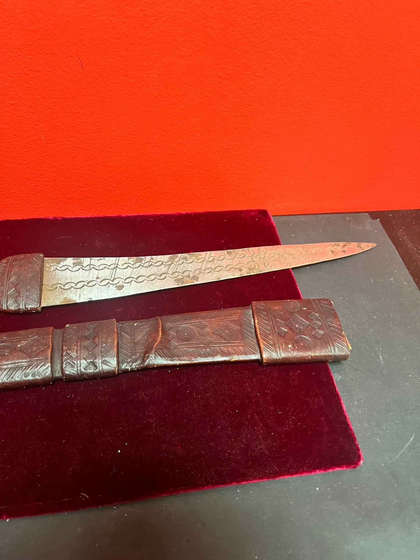 Lovely antique 19 inch Middle Eastern knife in original leather sheath quite good condition unique gift